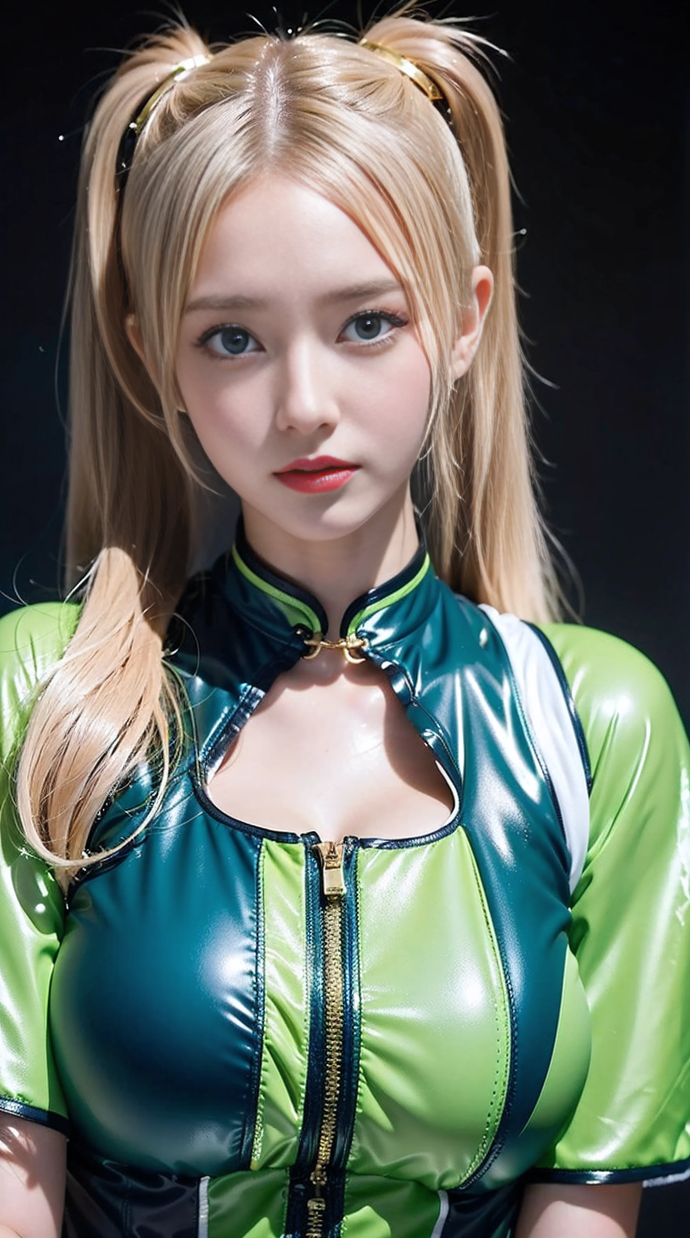 32k sexy female models , Huge breasts, Blue eyes, twintails blonde hair ,Gold Jewelry, High resolution , Upper body, No background, Studio Lightning ,Wearing Violet Latex Lime Green Latex Crop Dress