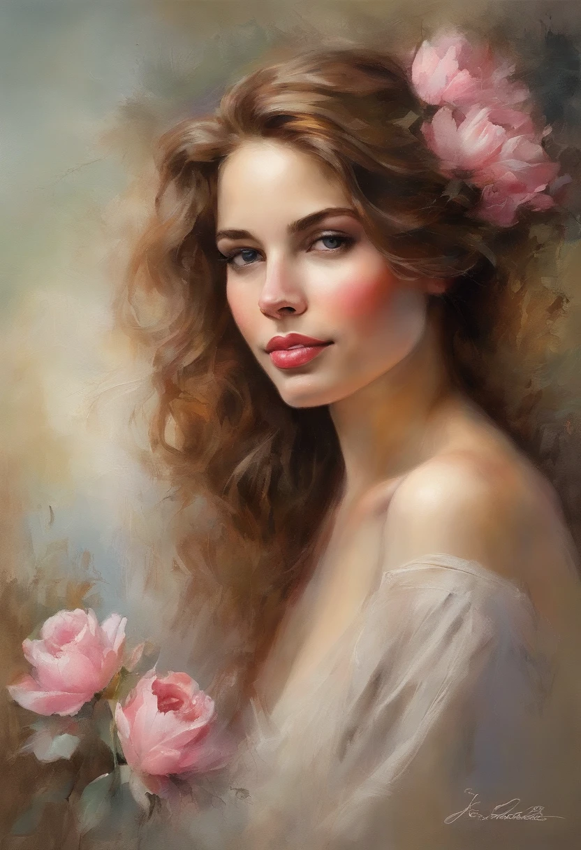 Imagine a watercolor portrait painting of a young woman with a serene expression. La pintura captura el delicado juego de luces y sombras en sus rasgos. Sus ojos son de un fascinante tono azul profundo, y parecen contener un indicio de un recuerdo lejano. The artist's skillful brushstrokes highlight the subtle textures of her skin, giving it a realistic quality. The subject's lips are gently painted with a natural pink hue, y una sonrisa amable adorna su rostro. Strands of her wavy reddish-brown hair frame her face, blending beautifully with the dreamy, Ethereal background of soft pastel colors. The overall mood of the painting exudes a sense of tranquility and introspection..
