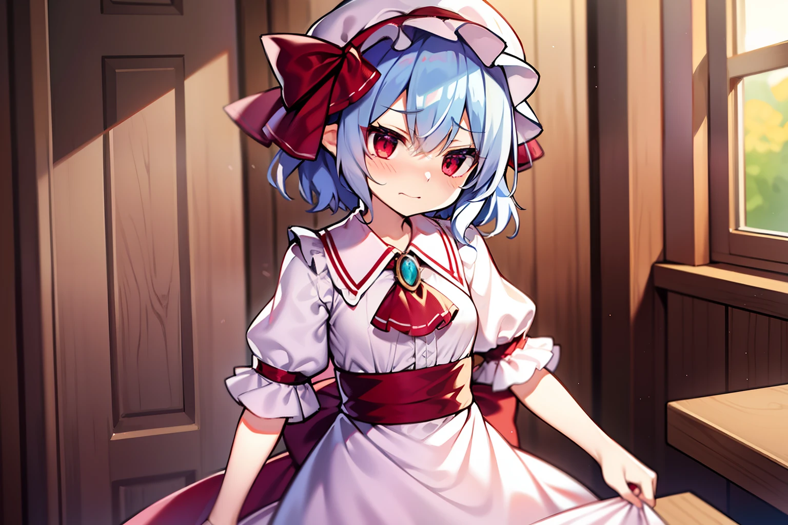 score_9, score_8_superior, score_7_superior, Break Source_anime, Highest quality, masterpiece, No correction, One girl, Yuki, Blue Hair, short hair, Red eyes, Maid headdress, Hair Ribbon, Maid, dress, apron, Puff sleeves, Juliet Sleeve, Ascot,Leaning forward,Tied up with rope,gag,Struggling,