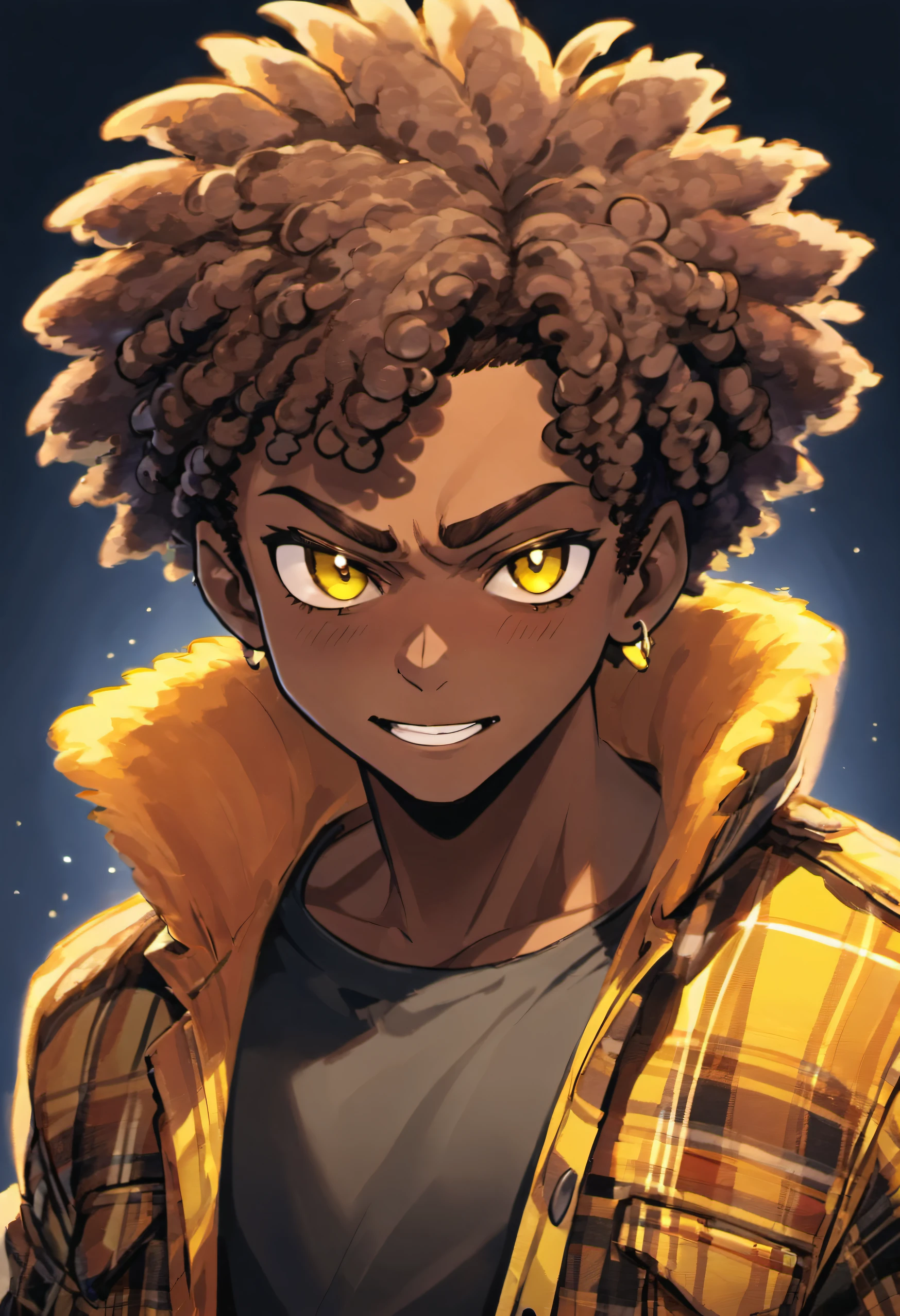 cartoon image of a dark skin male with faded haircut wearing an black shirt and a yellow plaid jacket, character portrait, light orange eyes, curly Afro(black:1.5,), smiling, inspired by Huey from The Boondocks, (black:1.5,dark brown:1.3, orange:1.2), half-shaved hairstyle