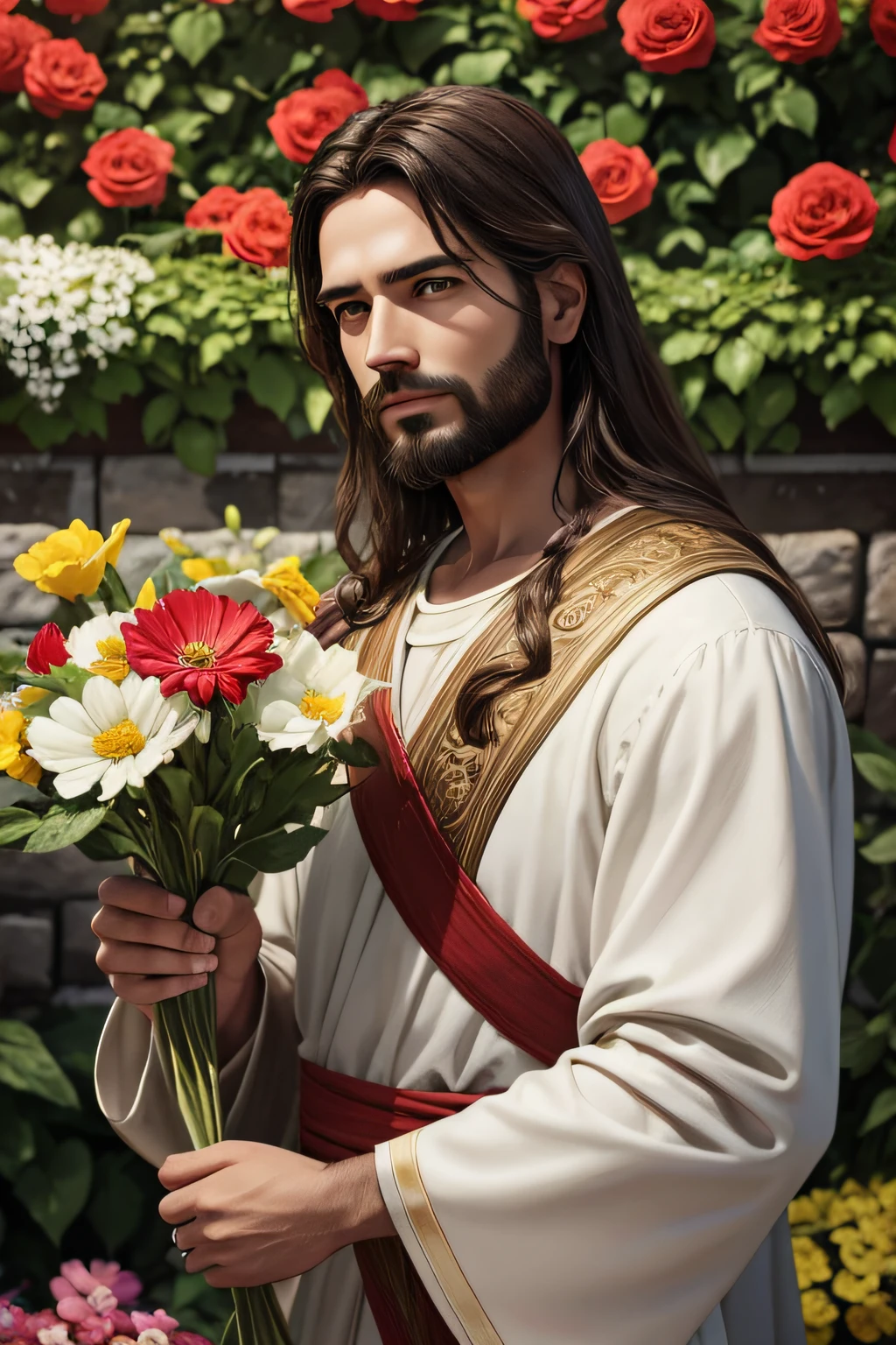 Generate a realistic depiction of Jesus in a garden, com flores coloridas ao redor e luz suave iluminando seu rosto." High Definition Image, detalhamento alto e estilo fotorrealismo. Imagem com pelo menos 300 dpi, UHD 8k