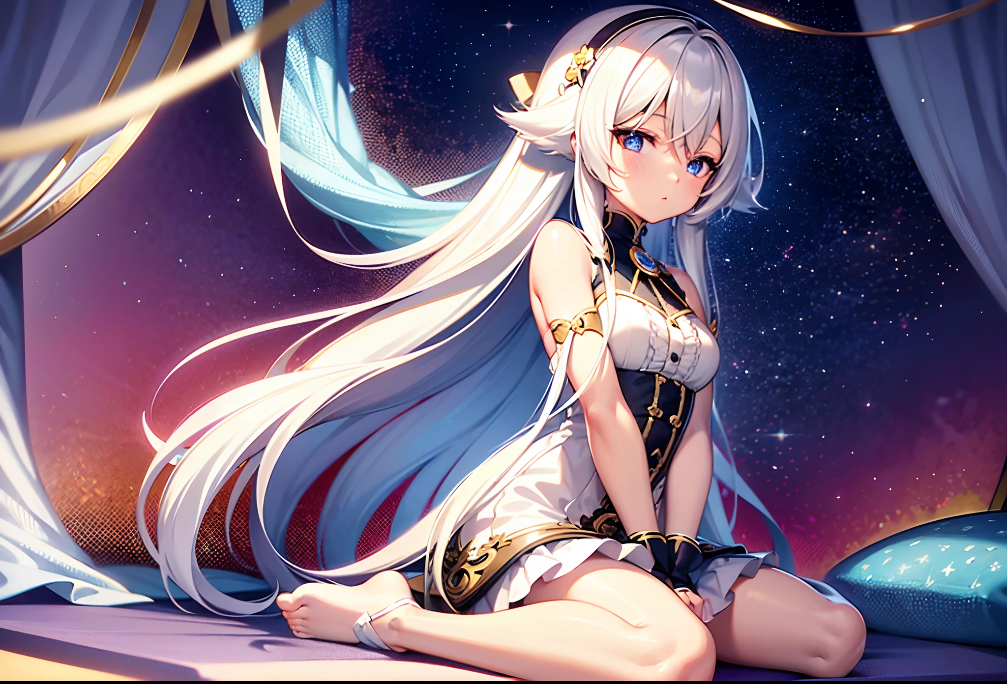 (Masterpiece High QualityHigh ResolutionDetailed 8K CG Wallpaper8K WallpapeHDR Diamond And Glaring Eyes Beautiful Detailed Eyes Glowing Big EyesCute FaceAnime Face ((best quality)), ((masterpiece)), ((ultra-detailed)). (illustration), (detailed light), (an extremely delicate and beautiful)), , anime girl with long white hair and stars in the sky, anime art wallpaper 8 k, nightcore, anime art wallpaper 4k, anime art wallpaper 4 k, perfect white haired girl, anime girl with long hair, anime wallpaper 4k, anime wallpaper 4 k, anime girl with cosmic hair, anime style 4 k, anime moe artstyle, lolita in cute white dress, bare feet, wariza, wide shot, depth of field, full body