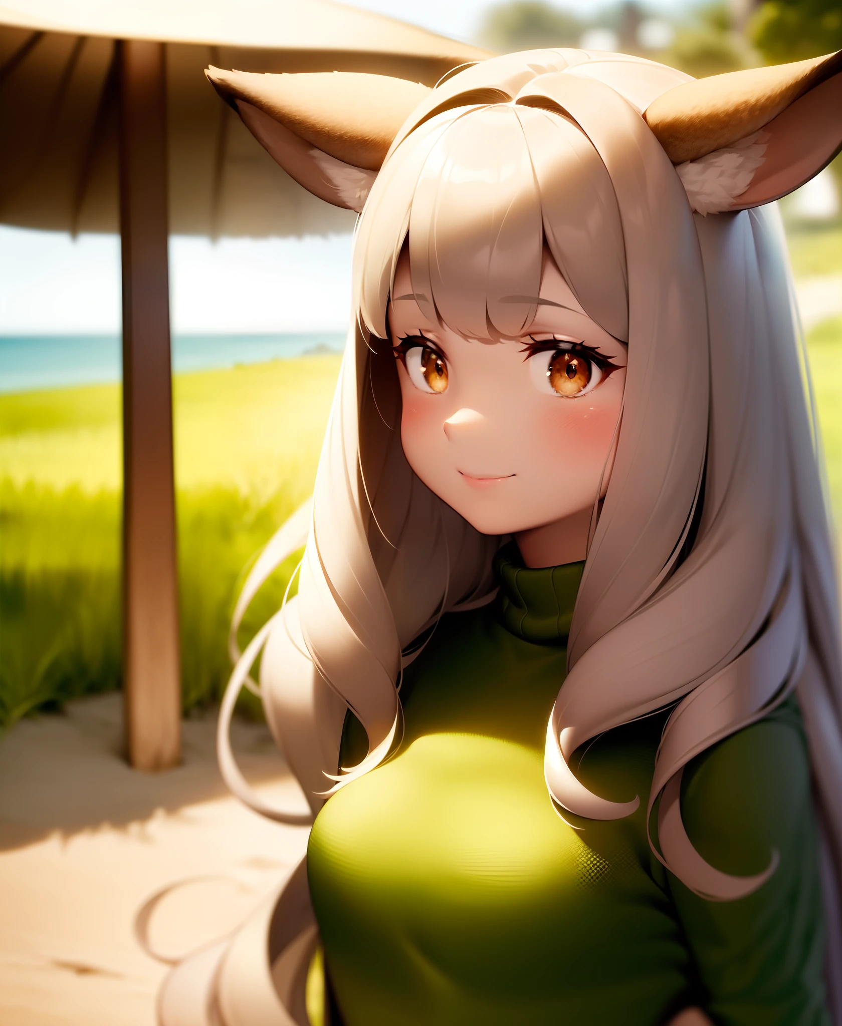 Masterpiece, a deer, furry, in a beach forest, uploaded on e621, ((by Silverfox5213)), (deer Vintage body), Gotten up, solo (Biped furry:1.4), ((deer female with Green sweater and Brown eyes, check tuft, little horns)), (detailed deer), Fluffy long hair (very long hair very fluffy ) ((dark brown wavy hair)), beige body, ((detailed fluffy fur)), (full-length portrait, looking at viewer), (beach grass), smile deer, chubby, BREAK, (detailed background, depth of field, half body shadow, sunlight, ambient light on the body), (masterpiece, best quality, ultra realistic, 4k, 2k, (intricate:0.9), (high detail:1.4), film photography, (soft focus:1.2), face beautiful RAW photo, photorealistic, analog style, subsurface scattering, photorealism, absurd res), Beautiful eyes