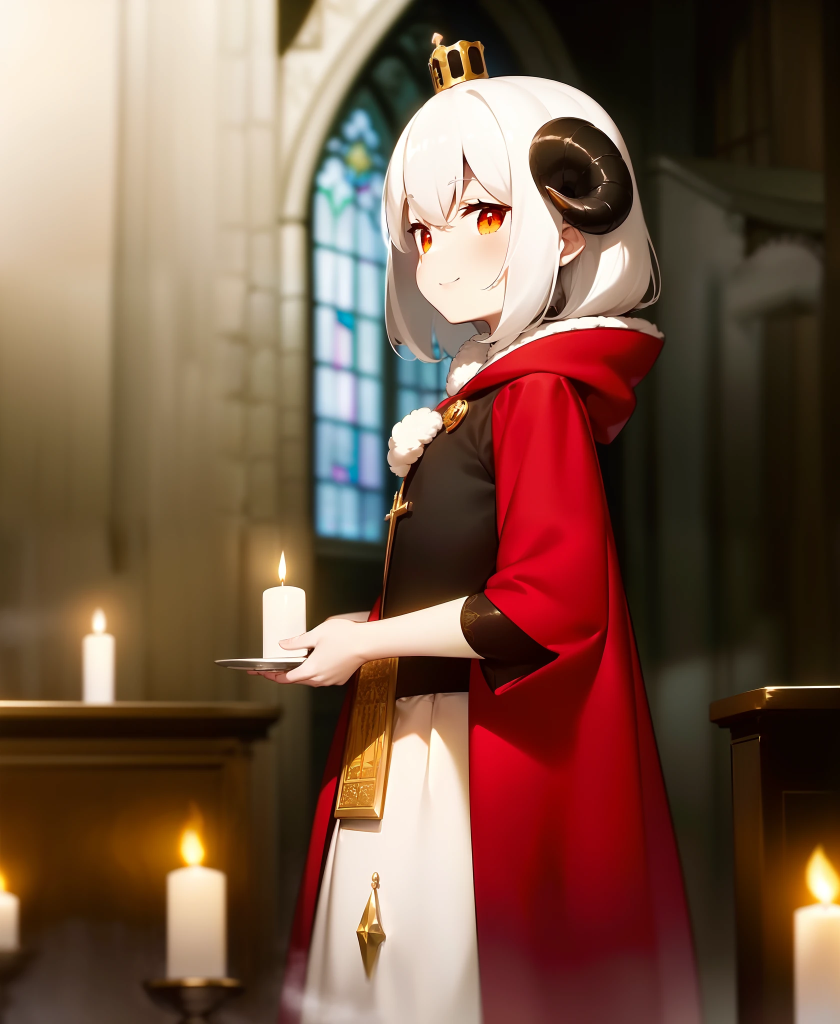 uploaded on e621, ((by Yurusa, by Childe Hassam, by Kenket, by Kyoto Animation)),
solo (chibi:1.15) ((sheep (lamb \(cult of the lamb\)), black body and white fur, white hair, horn, clear red sclera)),
(wear red crown, red cloak, grey black gown:1.25), (flat chested, smile), ((detailed fluffy fur)),
(half-length portrait, looking at viewer, three-quarter view:1.3),
BREAK,
(standing at church with stained glass:1.25), (outside, fog, mist, candle:1.2),
(detailed background, depth of field, half body shadow, sunlight, ambient light on the body),
(intricate:0.7), (high detail:1.2), (unreal engine:1.3), (soft focus:1.1),
[explicit content, questionable content], (masterpiece, best quality, 4k, 2k, shaded, absurd res)