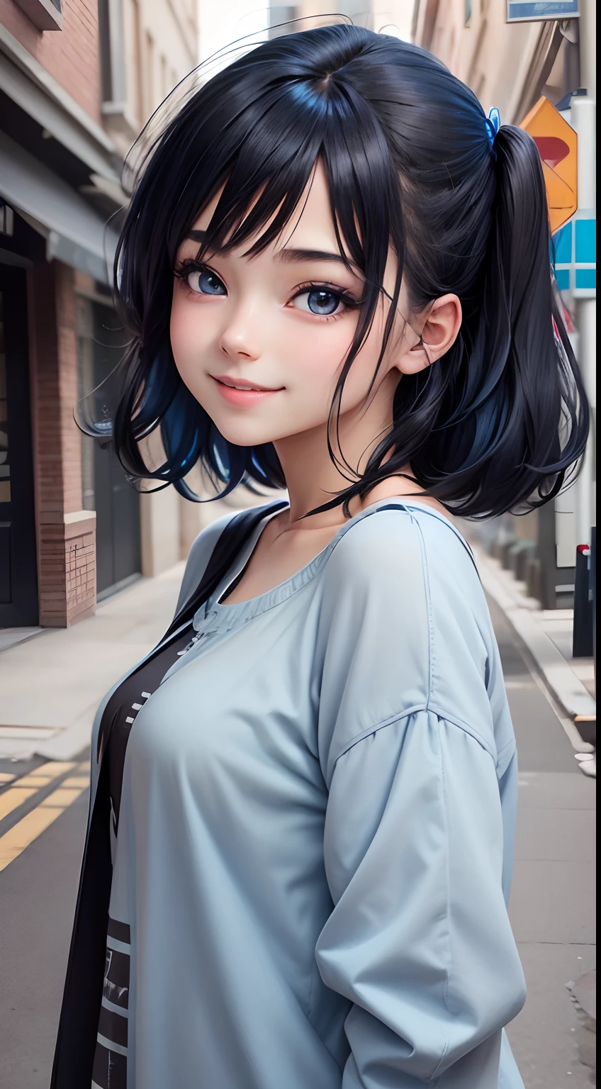 Anime girl, face: cuteness and smiling, eyes: cute and blue colour, clothes: modern clothes blue colour, hair: half black and half blue with best hairstyle, background: dark black, image type: ultra realistic 8k.