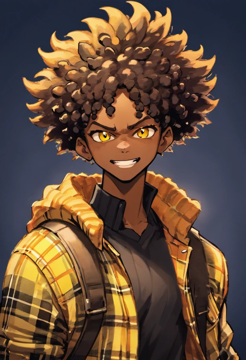 Cartoon image of black-skinned man with faded hairstyle in black shirt and yellow plaid jacket, Character Portrait, Light orange eyes, Curly Afro(Black:1.5,), Smiling, Inspired by Huey from The Boondocks, (Black:1.5,Dark brown:1.3, orange:1.2), Half-shaved hairstyle