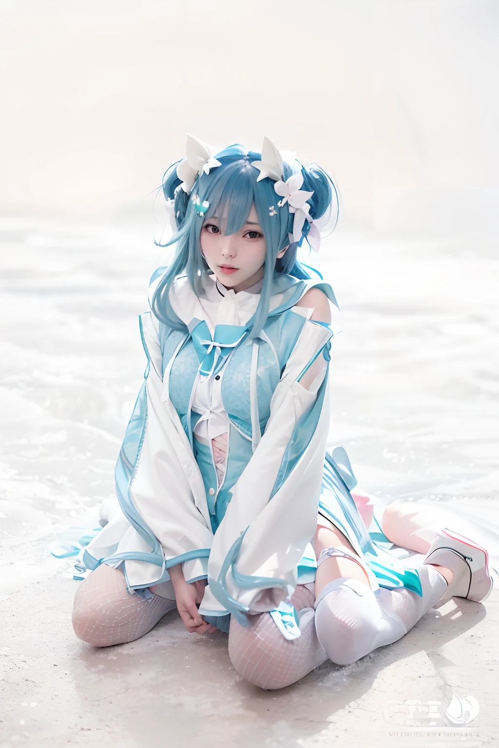 Female idol covered in fantastic blue lightning jellyfish、full body Esbian、、Kaminari jellyfish covered miniskirt kimono、blue lightning skull jellyfish、Purple hair