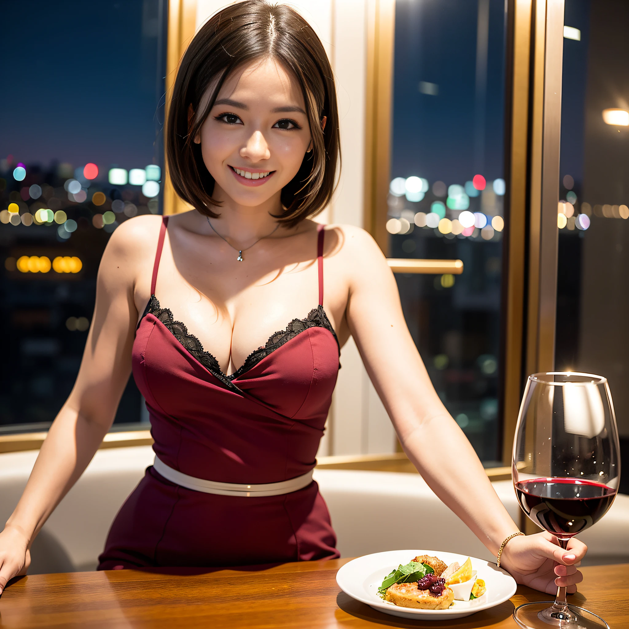 (64K, UHD, top quality, masterpiece: 1.2), (realistic, photorealistic: 1.37), super detailed, pretty woman 1 person, (slim face), (slim body), (brown hair), (short cut), cheeks slightly blushing, (44 years old), 38 years old, solo, beautiful detailed urban night view outside the window, restaurant, wine glasses sit, at night, in a prominent placeNovaFrogStyle, Actress, Model, Waist Up, White Wine, Slim, Wine Glass, Super Clean Night View, Wine Glass Put in the Middle, Happy Smile, (Smile: 1.15), Beautiful Fine Eyes, Upper Body, Bust Japan Up, Night, Short, Short, Actress, Model, Waist Up, White Wine, Slim, Wine Glass, Super Clean Night View, Wine Glass Put in the Middle, Happy Smile,