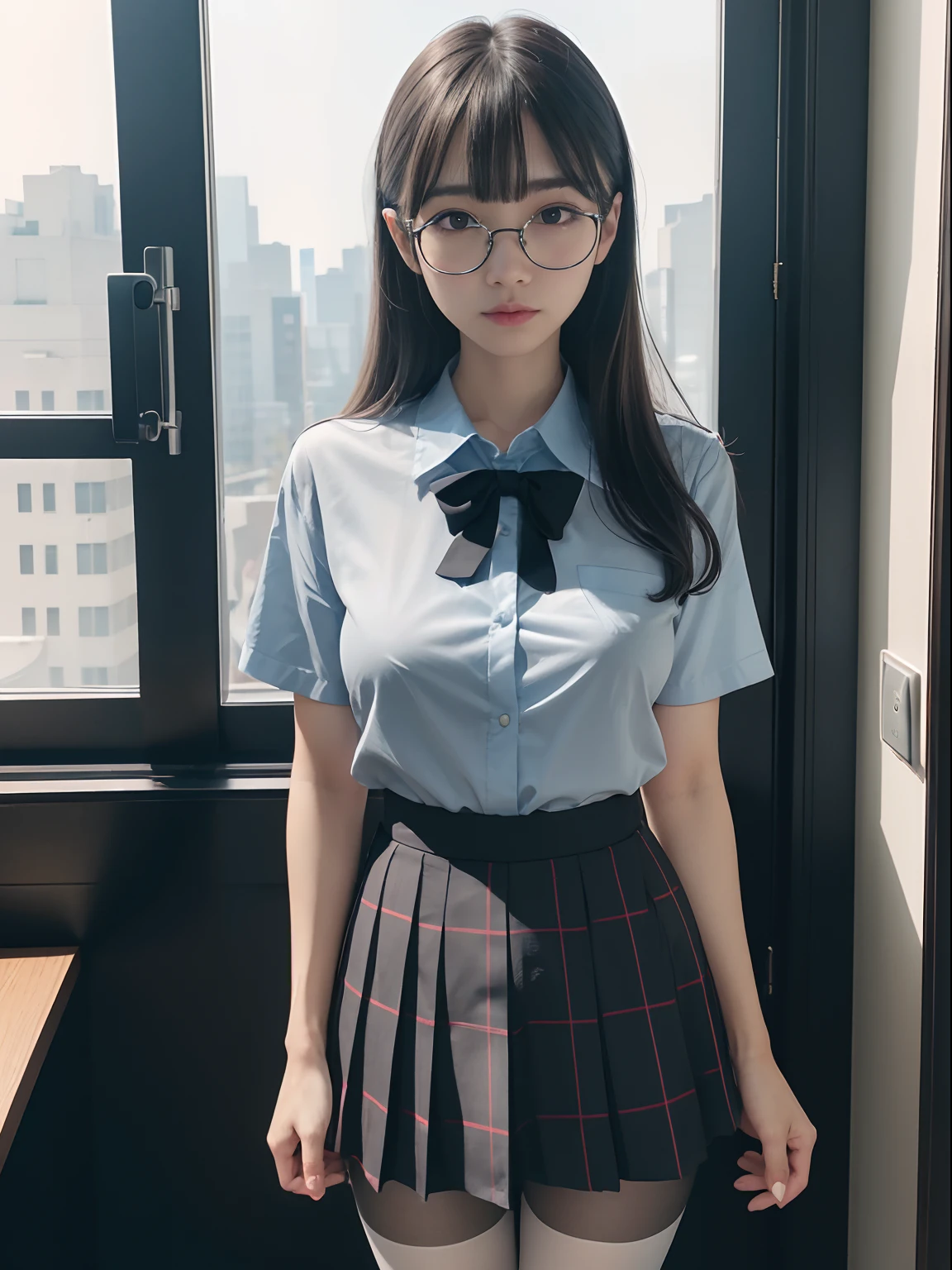 (poneyTail)、(Underwear is visible)、((Narrow-eyed))、((Narrow-eyed))、((Narrow-eyed))、(8K、Raw photography、top-quality、​masterpiece：1.2),((small tits))、((small tits))、((small tits))、((small tits))、((small tits))、((A-cup))、((A-cup))、((A-cup))、((A-cup))、((A-cup))、Has a small、(flat breast)、(flat breast)、(flat breast)、(flat breast)、(flat breast)、(being thin)、Dark look、Rasping,glamor,Chromo-white skin,cocky,School,watching at viewers,Looking at the front,Muchimuchi,High-pitched clothing,Erotic,Pupils,de pele branca,kne,((Black pantyhose)),absurderes,a small face,,Forehead visible,Bangs hanging from the left and right sides of the forehead,(a cold expression,Tight eyes,glares,Bullish,irate)、​masterpiece,top-quality、超A high resolution,Raw photo,ren,Beautiful fece,One Person, 独奏,eye glass,,Dark look,Small breasts,fullllbody,Round glasses,JK school uniform,hi-school girl,A Japanese Lady,is standing,（Photorealsitic：1.37）、Photon mapping,Realistic、Beautie,Cute little face,Brown-eyed、Black socks、Radio City、Physically Based Rendering、depth of fields、Blurry background、a picture,Body,beauty legs, Long legs, Thin leg,(Bangs are visible), hair, s lips, Blue_The eye, nosesoft,(Light blue shirt), (Navy and blue and white plaid pleated skirt), Knees are visible,Sheer clothing,, Thigh, Black cotton socks,Nogizaka Idol, 女優, Japanese ido