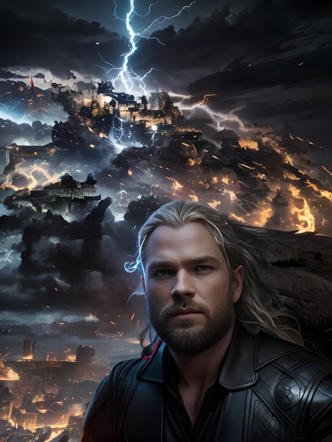 Thor , odin son, god of thunder in war lightning in around dark sky realistic face ultra realistic black suit long hair armed