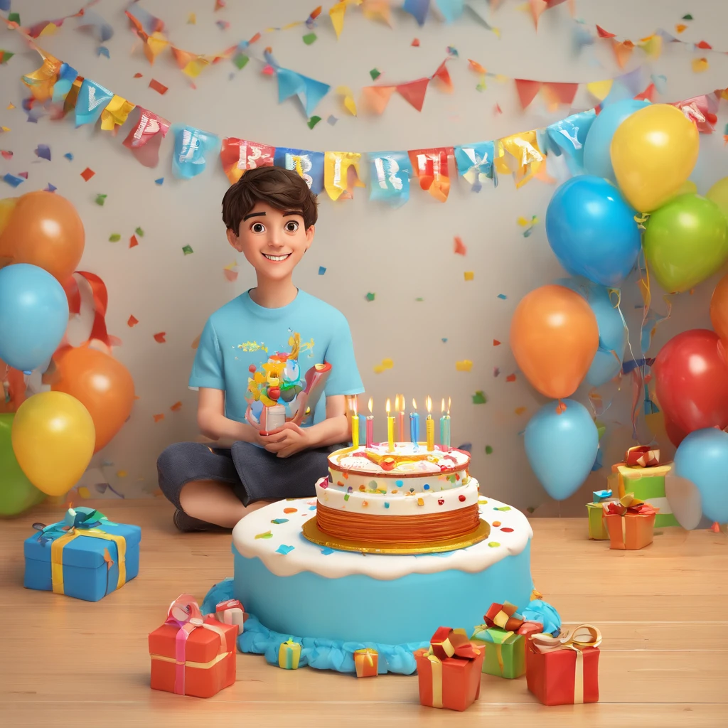 The scene is a birthday party for a 9-year-old Persian boy. He is sitting behind a table, laughing . In front of him on the table is a birthday cake, presents, and gifts. Behind him, the wall is decorated with ribbons and balloons. The boy is wearing a blue shirt and jeans. He has short brown hair and brown eyes. The birthday cake is a three-tiered cake with white frosting and blue sprinkles. It has candles lit on top. The presents are wrapped in colorful paper and tied with ribbons. The gifts are various toys, games, and electronics.
The wall behind the boy is decorated with blue and silver balloons. There are also ribbons hanging from the ceiling., a blind box toy, Glossy and delicate,Clean background, Good gloss, 3D rendering of,Best quality