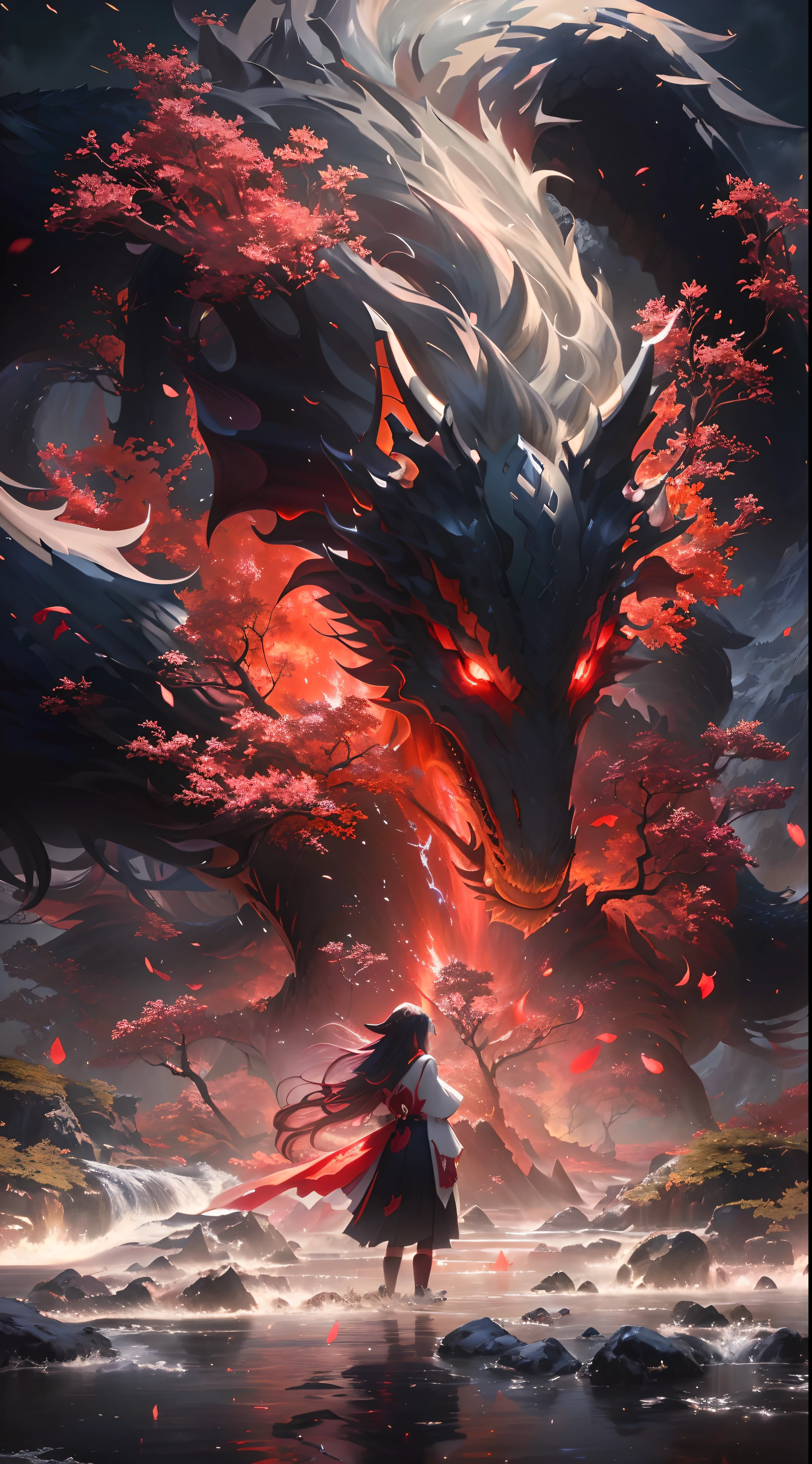 anime girl with long hair and red dress standing in water with a large dragon, anime art wallpaper 4k, anime art wallpaper 4 k, anime art wallpaper 8 k, anime fantasy artwork, 4k fantasy art, badass anime 8 k, anime epic artwork, onmyoji detailed art, anime fantasy illustration, inspired by Nōami, anime style 4 k, rainbow effects