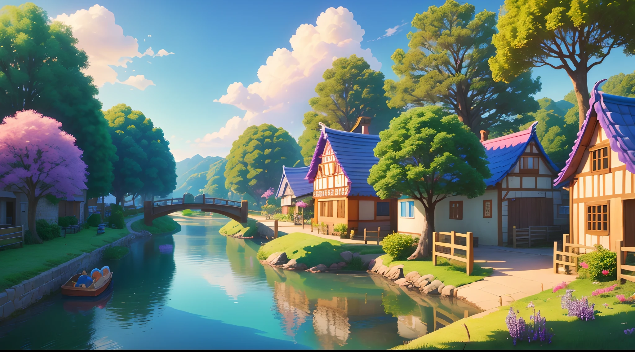 Cute, 3D, Casual, Game Background, Village, River, Blue and Purple Background, Artist, Masterpiece, Superlative, Pixar Style, Simple Design, Tree, Road, Building, Cloud, Bright, Pastel, Colorful, Natural, World, 2-headed person Residents, House, Toy Story, Art, Korea
