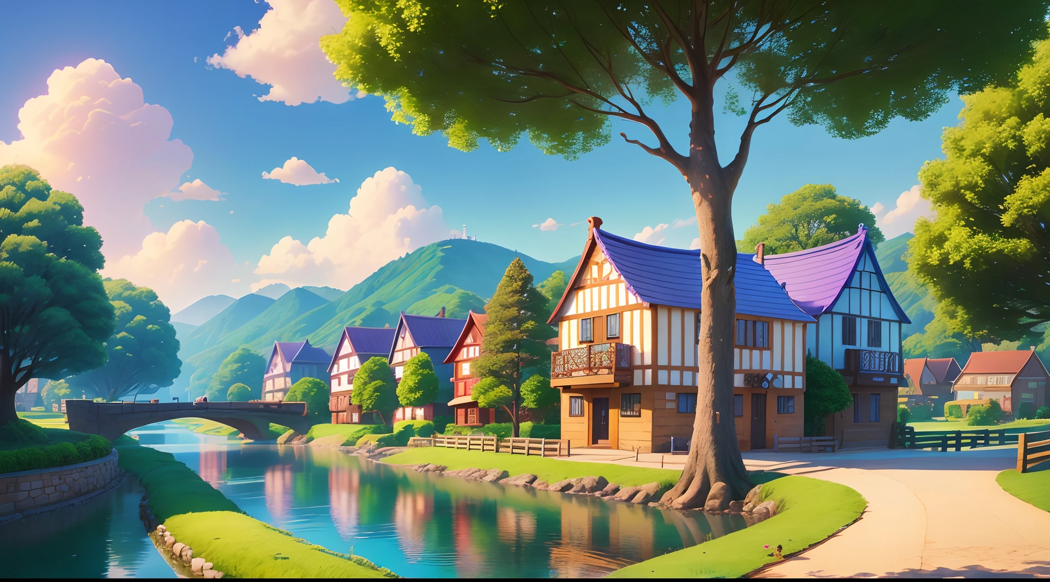 Cute, 3D, Casual, Game Background, Village, River, Blue and Purple Background, Artist, Masterpiece, Superlative, Pixar Style, Simple Design, Tree, Road, Building, Cloud, Bright, Pastel, Colorful, Natural, World, 2-headed person Residents, House, Toy Story, Art, Korea