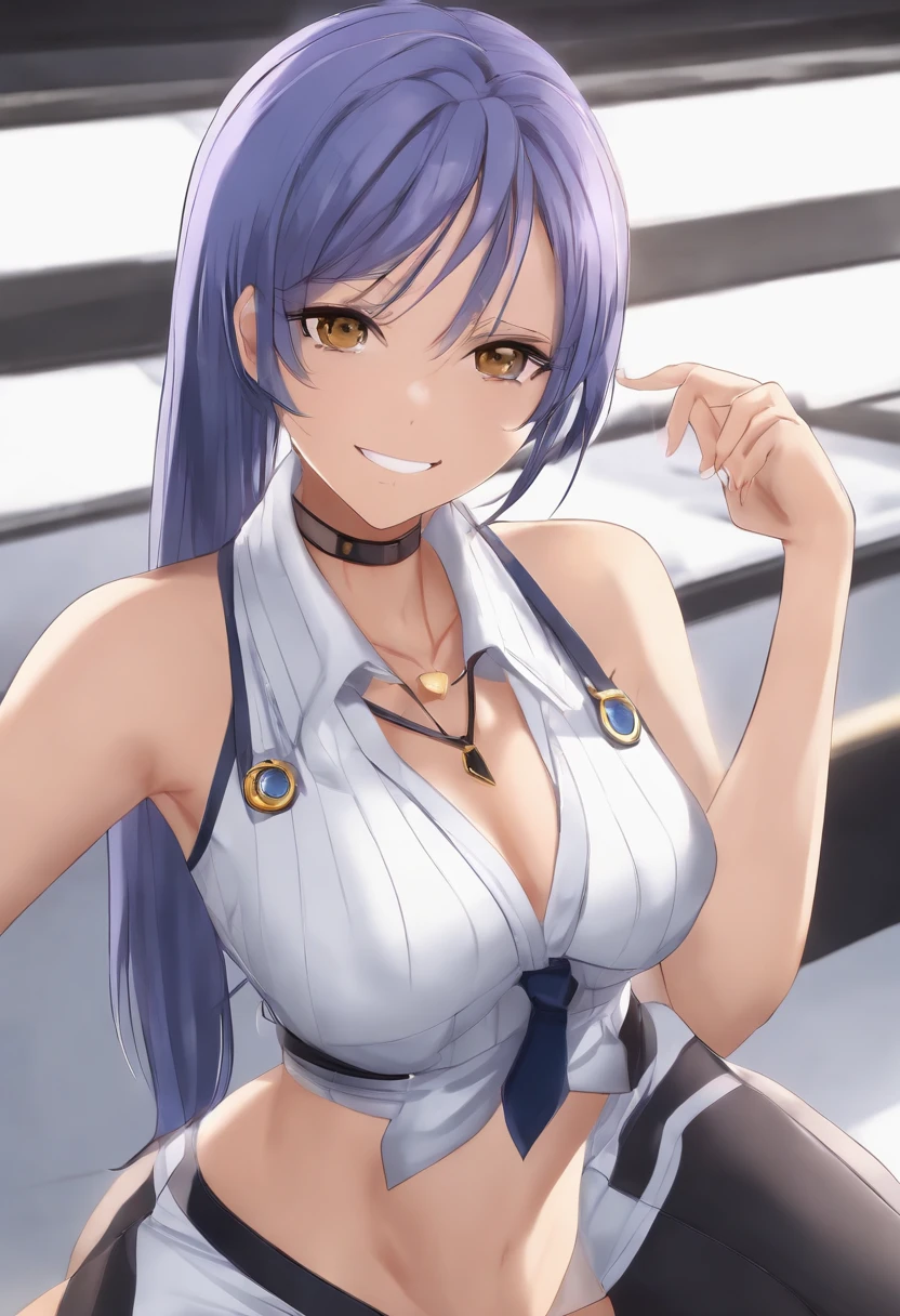 (masterpiece, best quality:1.2), from below shot, solo girl, solo, 1girl, Shihouin Yoruichi, clean and sharp and well-defined yellow eyes, smile, looking at viewer, ponytail, sailor uniform white whith blue lines, white vest open, tight white panties with blue stripes, blue tie, pussy line folds, bra and panties in the same color, tie with same blue as underwear, UHD, purple hair.
