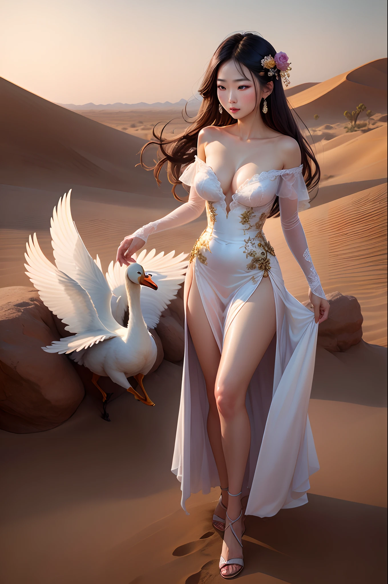 Chinese woman in the desert,Very beautiful and sexy,Wearing an off-the-shoulder tulle long dress,As graceful as a swan