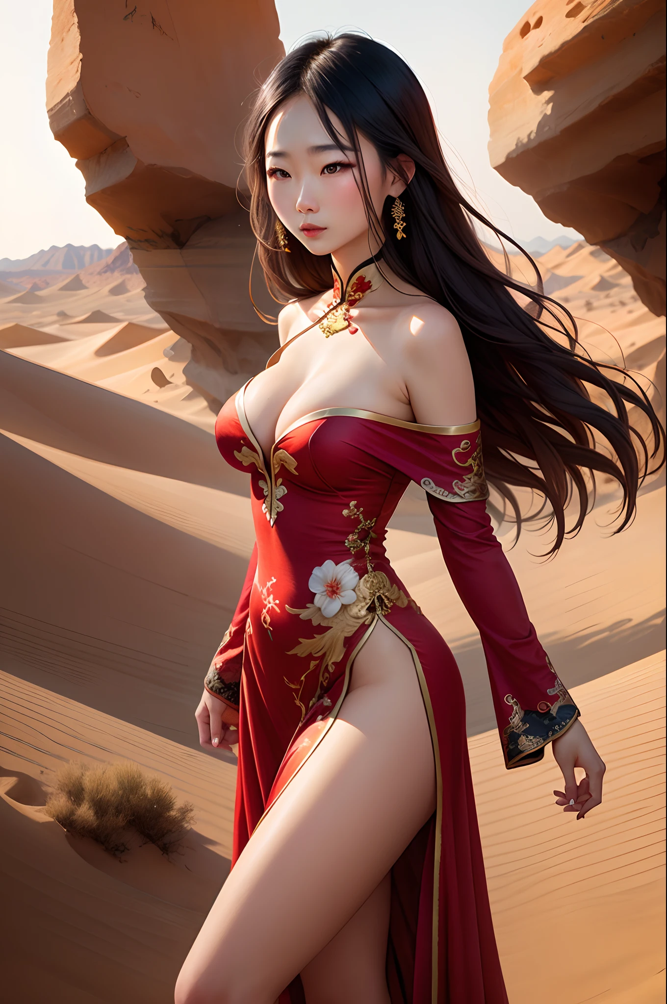 Chinese woman in the desert，Very beautiful and sexy，Wearing an off-the-shoulder tulle long dress，As graceful as a swan