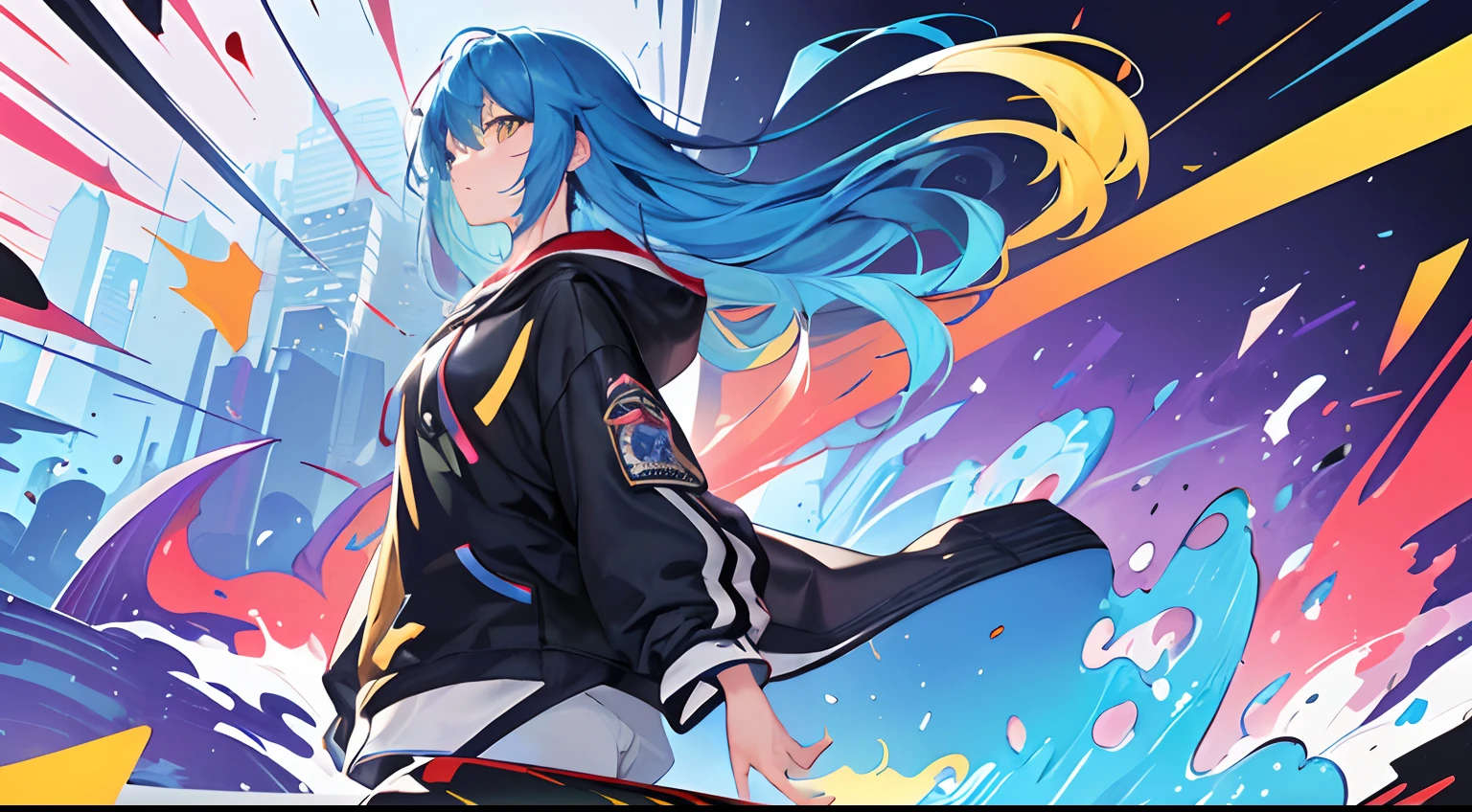 (masterpiece:1.3), (the best quality:1.2), (super fine illustrations:1.2), (Masterpiece), high quality, high detail, ((unparalleled masterpiece, best quality, perfect artwork)),
high contrast, flat color, splashes of color, colors mashing, Colorful paint explosion pattern, explosion background, broken colorful glass,
fall in city, heavy rain, block of water, noon city, big explosion,
falling girl, long hair, medium breasts size, blue hair, yellow eyes, looking at another,
[(pale blue background:1.1)::5], [(game character portrait:1.2):5], (falling over:1.2), falling down, (tripped), {hands hidden}, {{{hands in pockets}}},{{hands in sleeves}}
stumble, from side, hoodie, jeans, make hands close, 
colorful color here and there,  Colorful paint explosion pattern,
strange sky,
(illustration:1.2), very wide shot, (line drawing:1.2), {{only five fingers}}