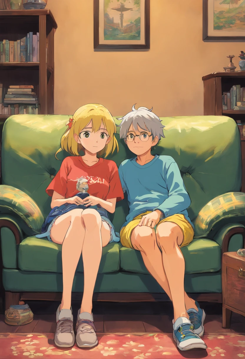 2 man are sitting on a couch, one have dark yellow hair, the other one have black hair, one have dark green eyes, the other one have dark blue eyes, they are twinkish, they both wear t-shirts, they have hair on their legs, they wear a bit long shorts, cartoon style, cozy place, they are watching a tv , they are looking at tv , they are cuddling each other, they both around 20 years old