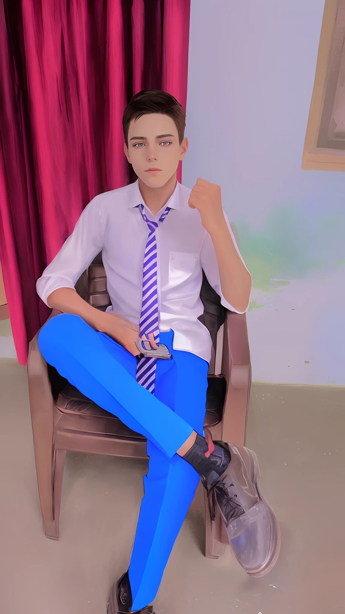 virtual_youtuber, 1boy, male_focus, solo, brown_hair, necktie, purple_eyes, simple_background, brown_footwear, full_body, straight-on, looking_at_viewer, pants, white collared shirt, hair_between_eyes, (VERY DETAILED EYES:1.5)