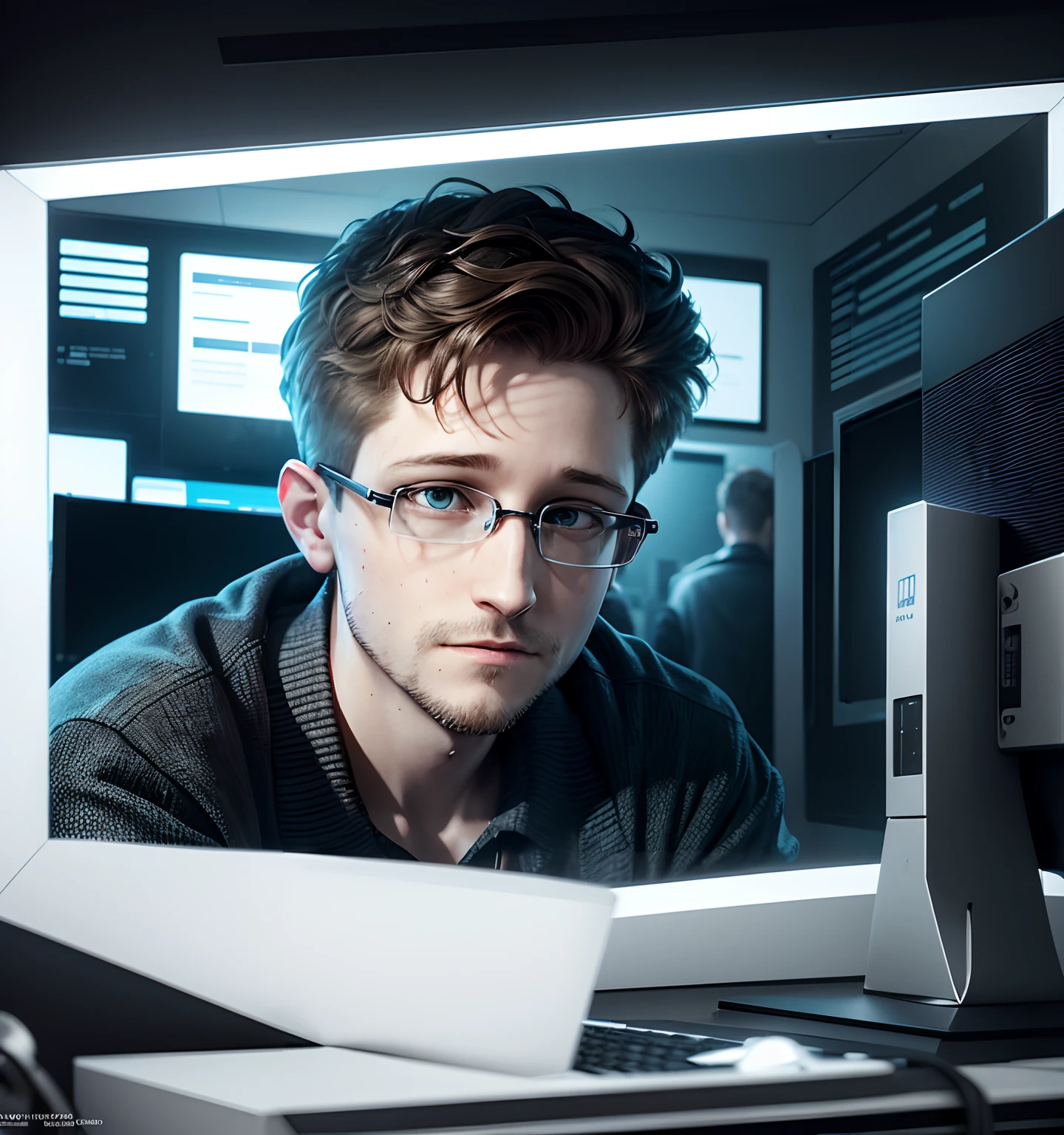 Cut to a high-tech government surveillance facility, depicted in intricate 3D detail. Computers buzz with activity as data streams flow across screens. A character, representing Edward Snowden, is shown courageously downloading classified information. Voiceover: "Edward Snowden risked it all to expose the truth..."