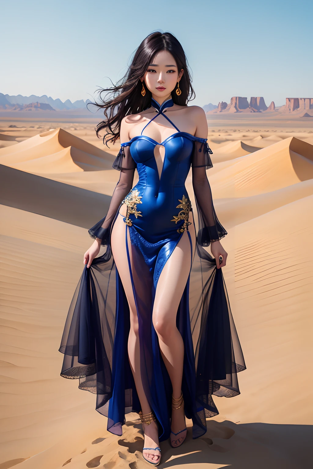 Chinese woman in the desert，Very beautiful and sexy，Wearing an off-the-shoulder tulle long dress，As graceful as a s hd，Full body photo