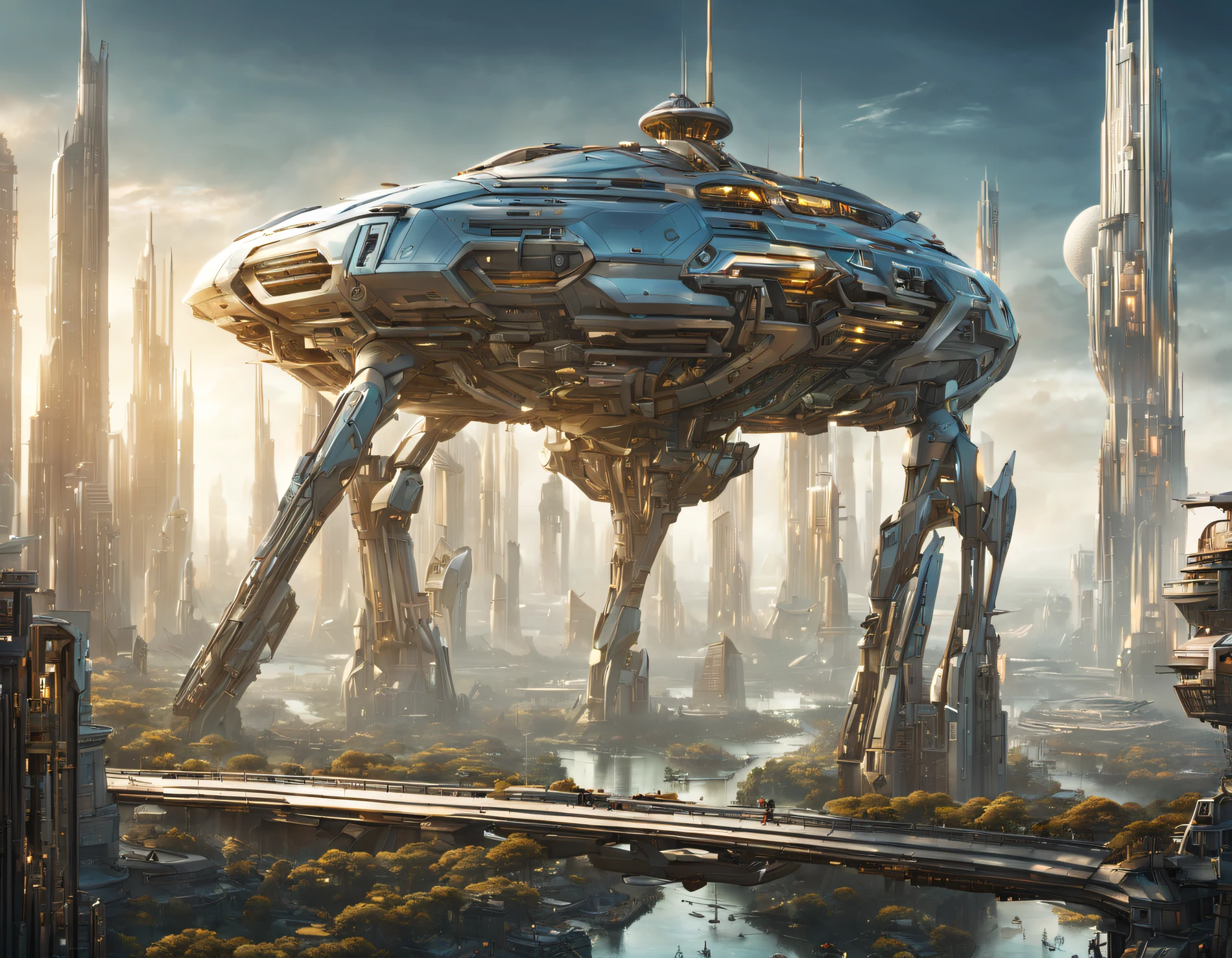 On an unknown planet there is a futuristic city with immense buildings of technological design, con estructuras acristaladas en plata, oro y bronce y maquinarias espectaculares en la que sobrevive un robot femenino espectacular. con colores vivos.