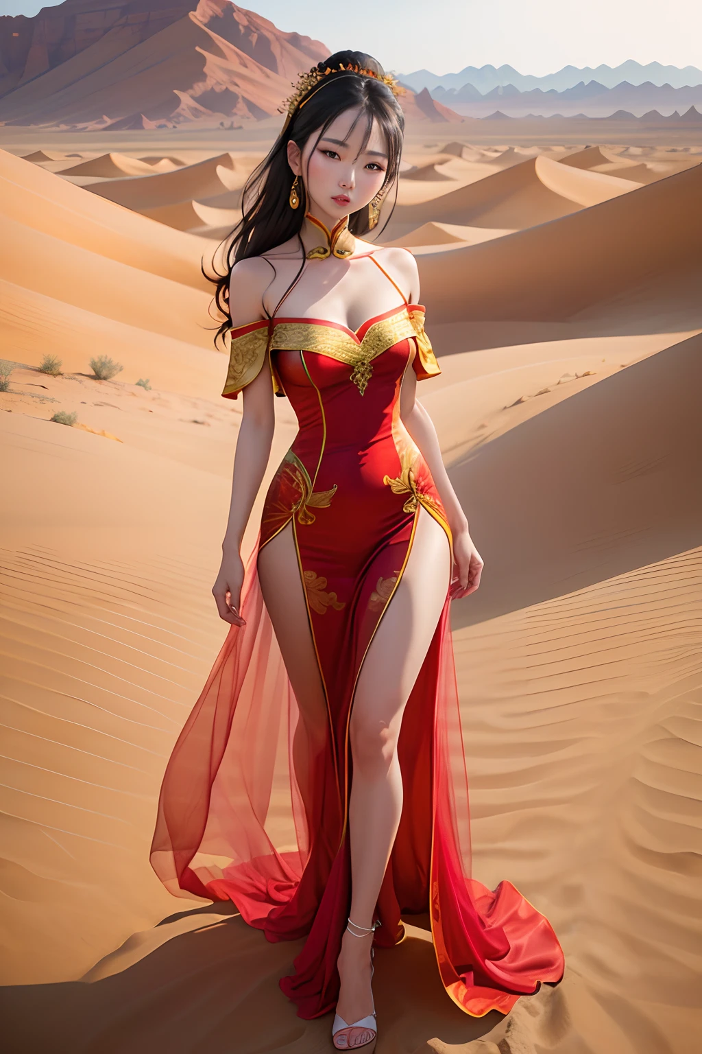Chinese woman in the desert,Very beautiful and sexy,Wearing an off-the-shoulder tulle long dress,As graceful as a s hd,Full body photo