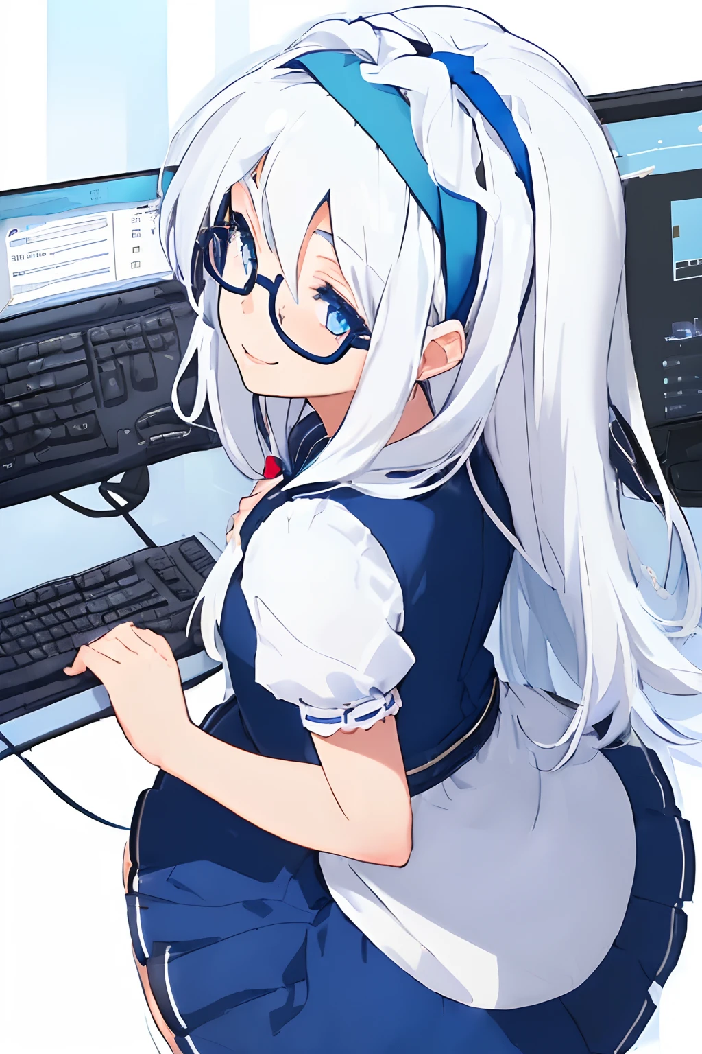 ((((1 girl)))), ((((solo)))), fullbody, ((((white hair)))), long hair, ((((blue hairband)))), ((((blue eyes)))), happy, smile, 18 year old, dynamic angle, suit, round glasses, office, personal computer, business, from behind