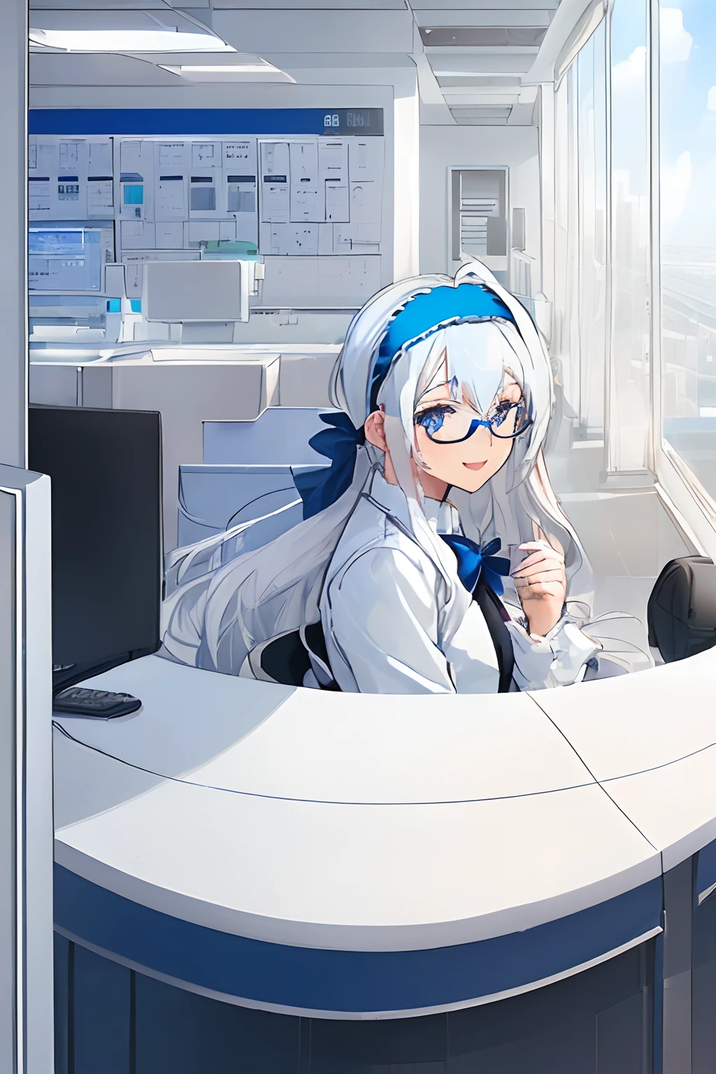 ((((1 girl)))), ((((solo)))), fullbody, ((((white hair)))), long hair, ((((blue hairband)))), ((((blue eyes)))), happy, smile, 18 year old, dynamic angle, suit, round glasses, office, personal computer, business, from behind