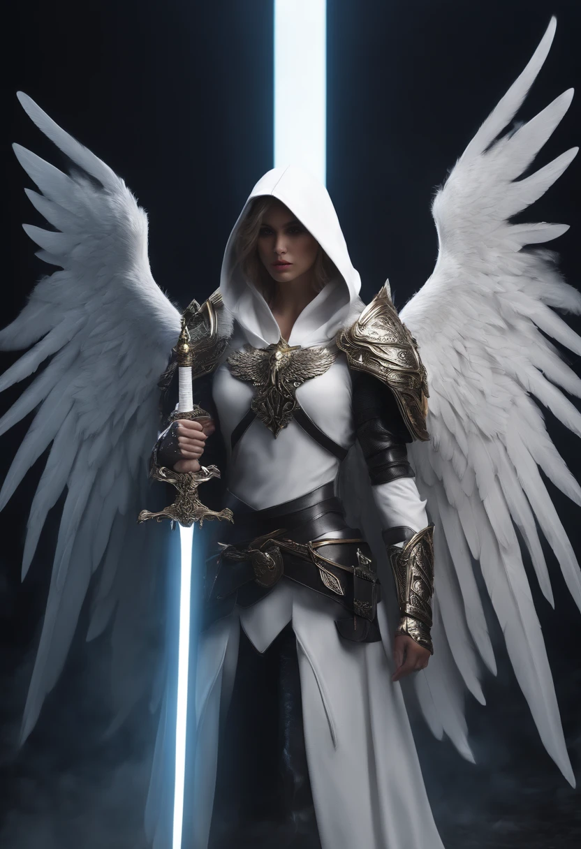 Realistic, 4K, Angels with big wings, Black clothes, one sword, Head hood in war background image (chaos)White wings