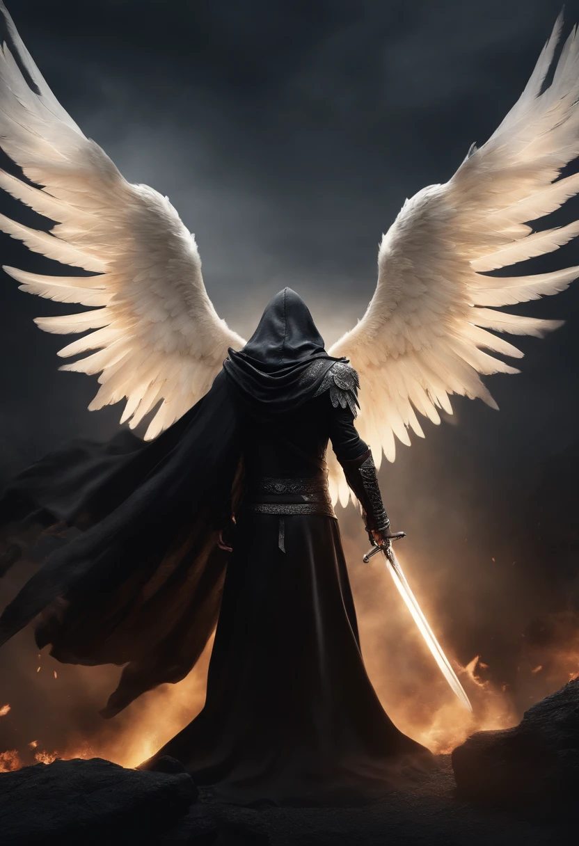 Realistic, 4K, Angels with big wings, Black clothes, one sword, Head hood in war background image (chaos)White wings