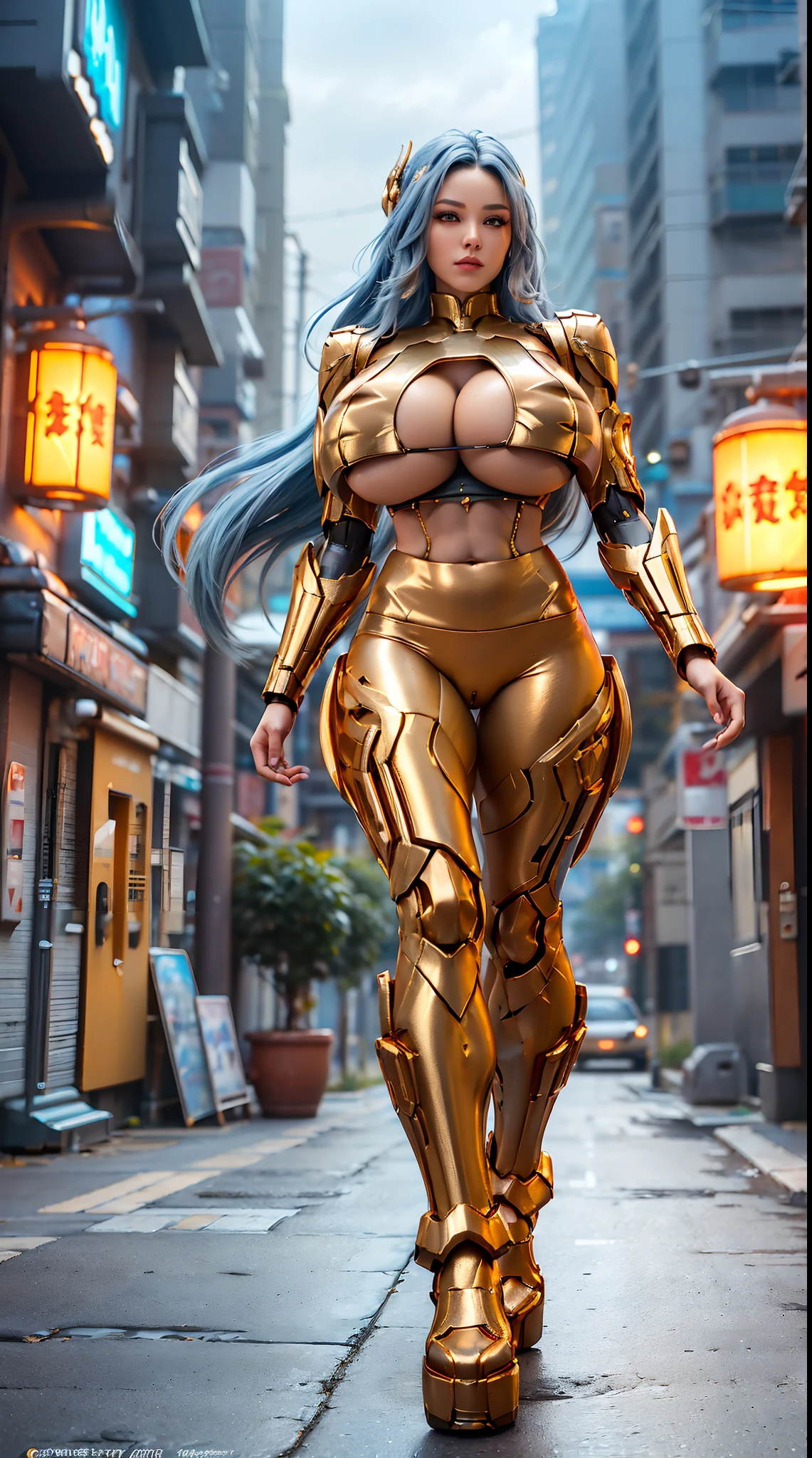 (UNREAL ENGINE 5), (DRAGON QUEEN), (HUGE FAKE BOOBS:1.3), (BEAUTIFUL FACE), (BLUE, GOLD, ORANGE), (CYBERPUNK STREET CITY BACKGROUND), (CYBER MECHA CROP TOP), (CLEAVAGE), (SKINTIGHT MECHA YOGA PANTS), (MECHA HIGH HEELS), (PERFECT BODY:1.2), (LOOKING AT VIEWER), (WALKING DOWN:1.3), MUSCULAR BODY, MUSCLE ABS, UHD, 8K, 1080P.