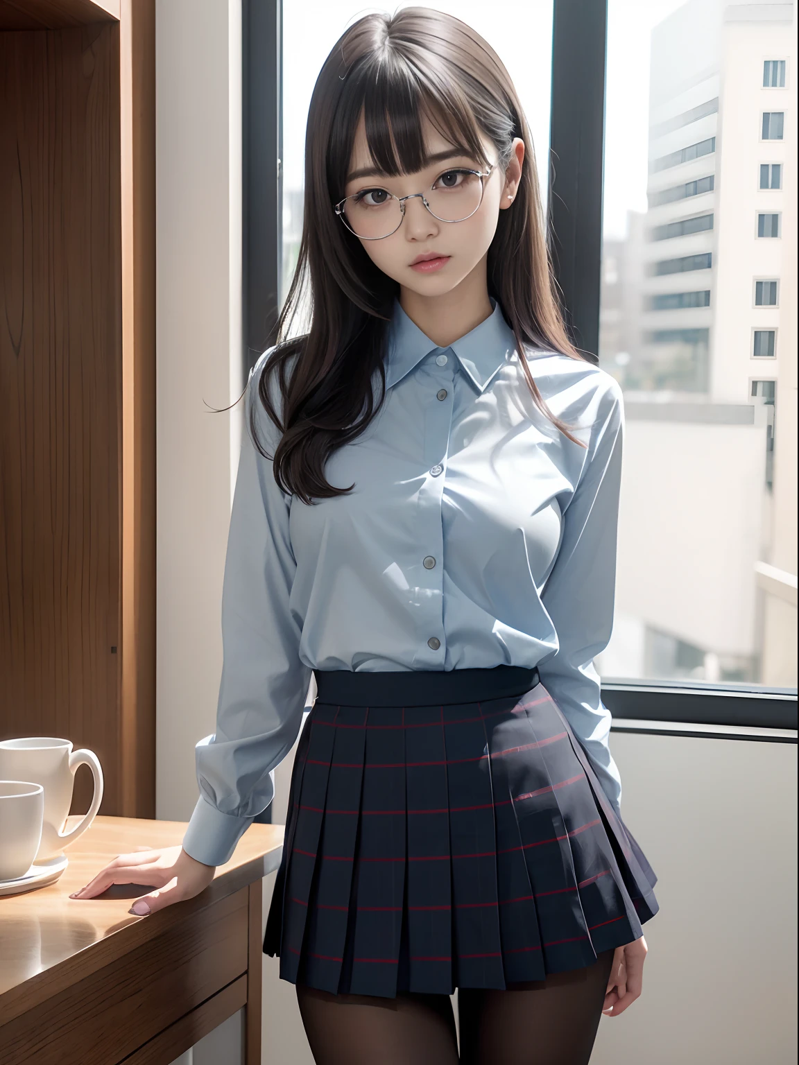 (poneyTail)、(Underwear is visible)、((Narrow-eyed))、((Narrow-eyed))、((Narrow-eyed))、(8K、Raw photography、top-quality、​masterpiece：1.2),((small tits))、((small tits))、((small tits))、((small tits))、((small tits))、((A-cup))、((A-cup))、((A-cup))、((A-cup))、((A-cup))、Has a small、(flat breast)、(flat breast)、(flat breast)、(flat breast)、(flat breast)、(being thin)、Dark look、Rasping,glamor,Chromo-white skin,cocky,School,watching at viewers,Looking at the front,Muchimuchi,High-pitched clothing,Erotic,Pupils,de pele branca,kne,((Black pantyhose)),absurderes,a small face,,Forehead visible,Bangs hanging from the left and right sides of the forehead,(a cold expression,Tight eyes,glares,Bullish,irate)、​masterpiece,top-quality、超A high resolution,Raw photo,ren,Beautiful fece,One Person, 独奏,eye glass,,Dark look,Small breasts,fullllbody,Round glasses,JK school uniform,hi-school girl,A Japanese Lady,is standing,（Photorealsitic：1.37）、Photon mapping,Realistic、Beautie,Cute little face,Brown-eyed、Black socks、Radio City、Physically Based Rendering、depth of fields、Blurry background、a picture,Body,beauty legs, Long legs, Thin leg,(Bangs are visible), hair, s lips, Blue_The eye, nosesoft,(Light blue shirt), (Navy and blue and white plaid pleated skirt), Knees are visible,Sheer clothing,, Thigh, Black cotton socks,Nogizaka Idol, 女優, Japanese ido