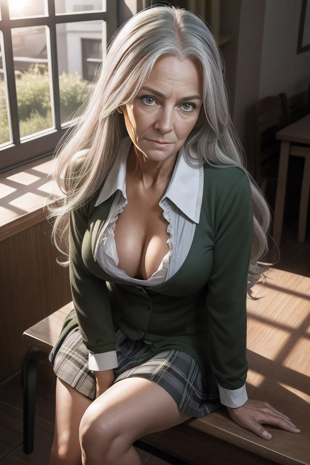 portrait of a 65-year-old woman with long gray hair, seductive gaze, green eyes, some wrinkles on her face, 8k, detailed background, utlra realistic, realism, exta realistic, wrinkles on body, school classroom, evening time sunshine, NSFW, schoolgirl clothes with high neckline, schoolgirl suit, crossed legs, beautiful street outside the window, showing full body, full body, extra small titts, small breasts, looking at viewer from above, angry facial expression, teeth indoors,soft lighting, extreme detail, hdr, long hair, soft evening lighning, ray traycing