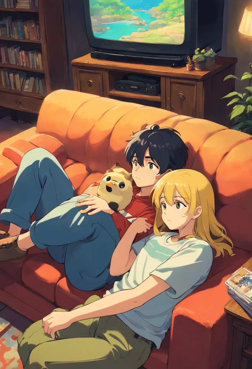 2 man are sitting on a couch, one have dark yellow hair, the other one have black hair, one have dark green eyes, the other one have dark blue eyes, they are twinkish, they both wear t-shirts, they both have leg hairs, they wear a bit long shorts, cartoon style, cozy place, they are watching a tv , they are looking at tv , they are cuddling each other, they both around 20 years old, they love eachother