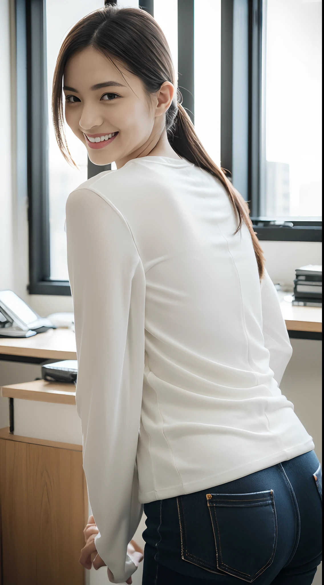 masutepiece, Best Quality, 超A high resolution,(photographrealistic:1.4) (depth of fields),(Lens Glow) , Bottom White T-Shirt Bottom Jacket:1.5、Inside the office:1.5、a Pretty Japanese woman:1.5、officeworker、Sexy buttocks:1.5、smil、(skiny:1.5)、