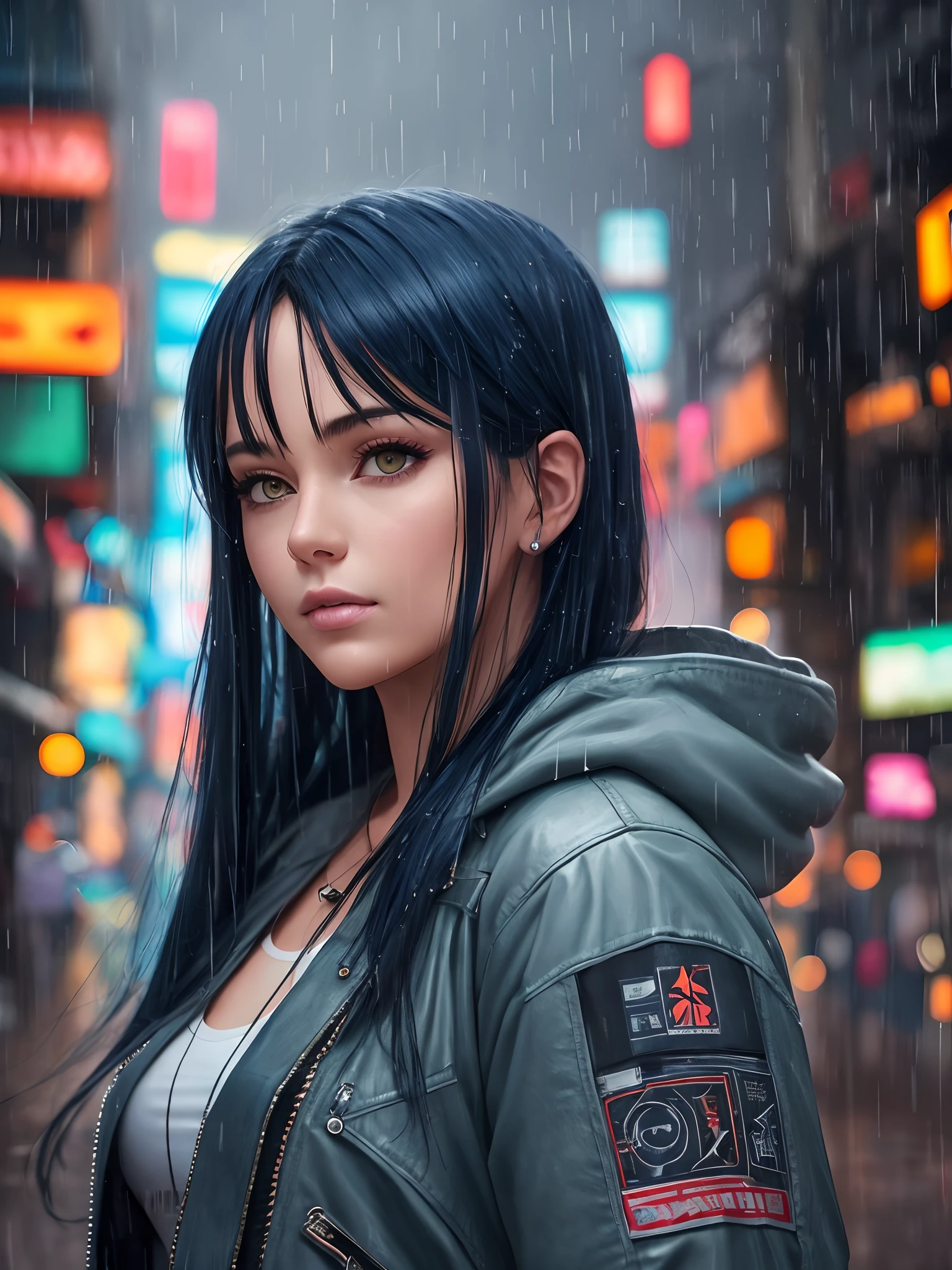 full portrait of actress, long dark blue hair, cyberpunk black clothes, background of rainy day at Cotopaxi, highly detailed --auto --s2
