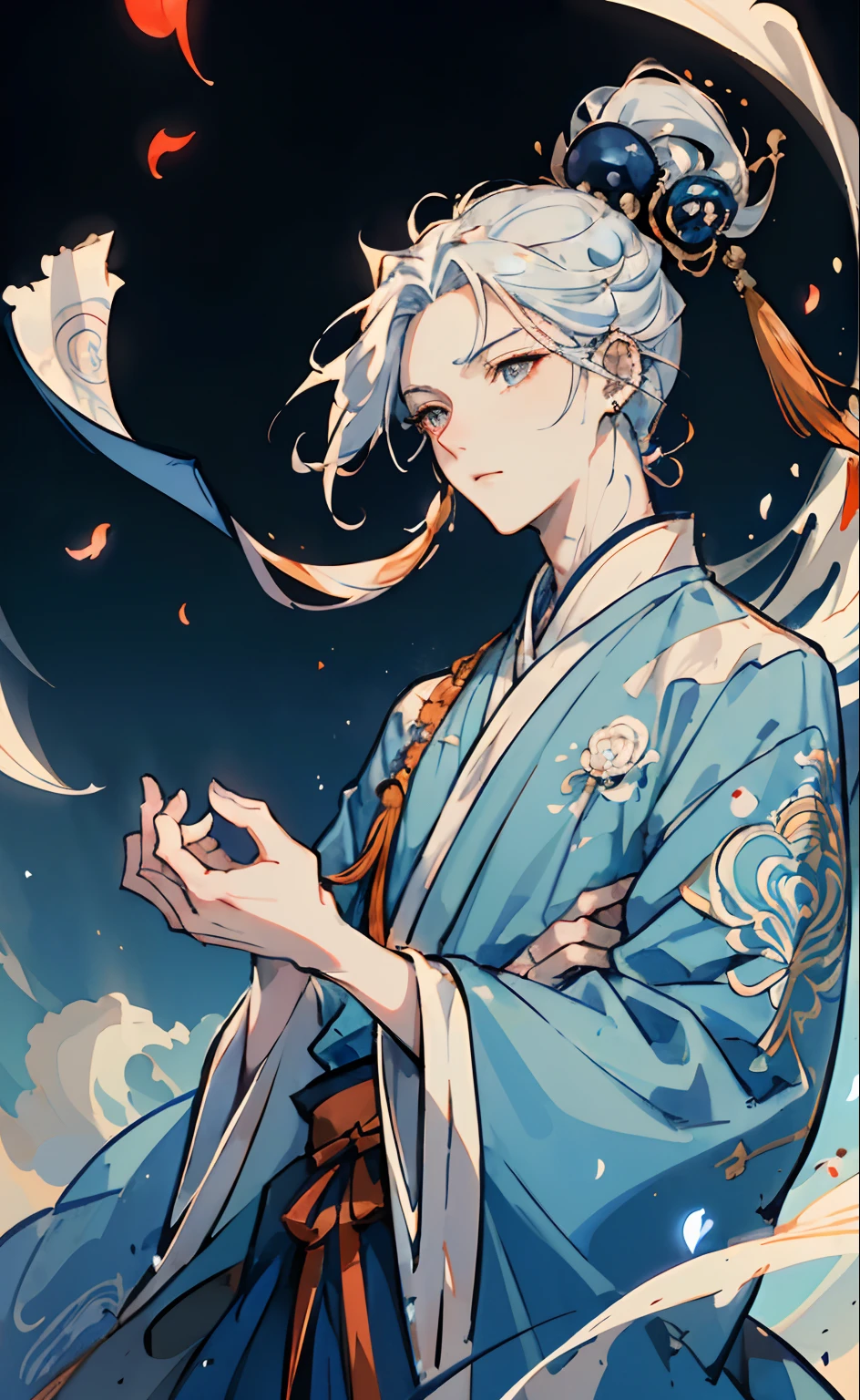 Mature boy , dark orange eyes, blue and white hair color, floating hair, delicate and smart eyes, intricate damask hanfu, gorgeous accessories, wearing pearl earrings, fov, f/1.8, masterpiece, ancient Chinese architecture, blue sky, flower petals flying, front portrait shot, Chang'e, side lighting, sunlight on people, 8K