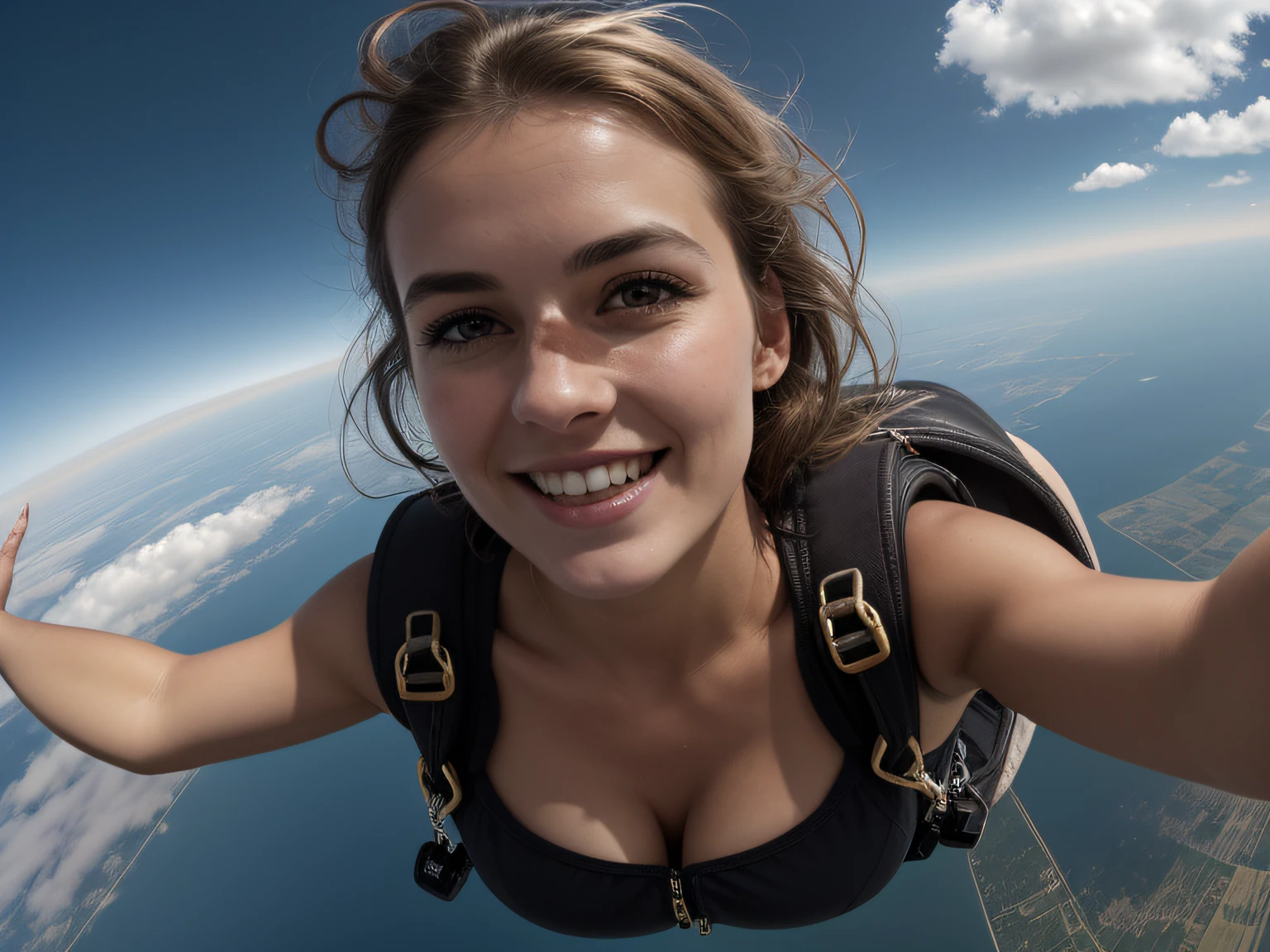 Masterpiece, best quality, 1 girl, solo, brown long hair, skydiving, modern, extremely detailed, skydiving pose, oval face, asymmetrical face structure, hazal eyes, almond eye type, golden ratio, pale white skin, 32 inch breasts, hourglass figure, cleavage, sky, messy hair due to air speed, pale white skin white girl, premium clothes, diving from th sky, excited epressions in the face, happy and exited emotions, high quality camera