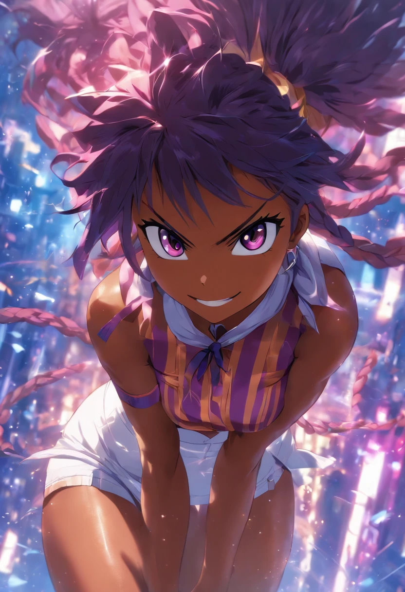 (masterpiece, best quality:1.2), solo girl, solo, 1girl, Shihouin Yoruichi, clean and sharp and well-defined yellow eyes, from below shot, full body shot, smile, looking at viewer, ponytail, sailor uniform white whith blue lines, white vest, white miniskirt, tight white panties showing with blue stripes, blue tie, pussy line folds, bra and panties in the same color, tie with same blue as underwear, UHD, purple hair.