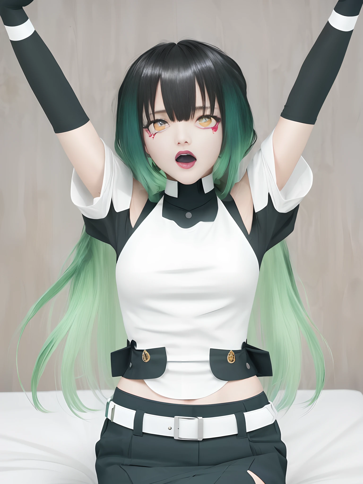 tmasterpiece, Best quality at best, 1girll, 独奏, teardrop, Be red in the face, dreads, scream, and the tongue sticks out, laughingly, with her mouth open, roll eyes, head looking up, full bodyesbian, Armpits, Arms up, (Torso grab, Tickle, mitts, Intangible limbs:1.2), TKL