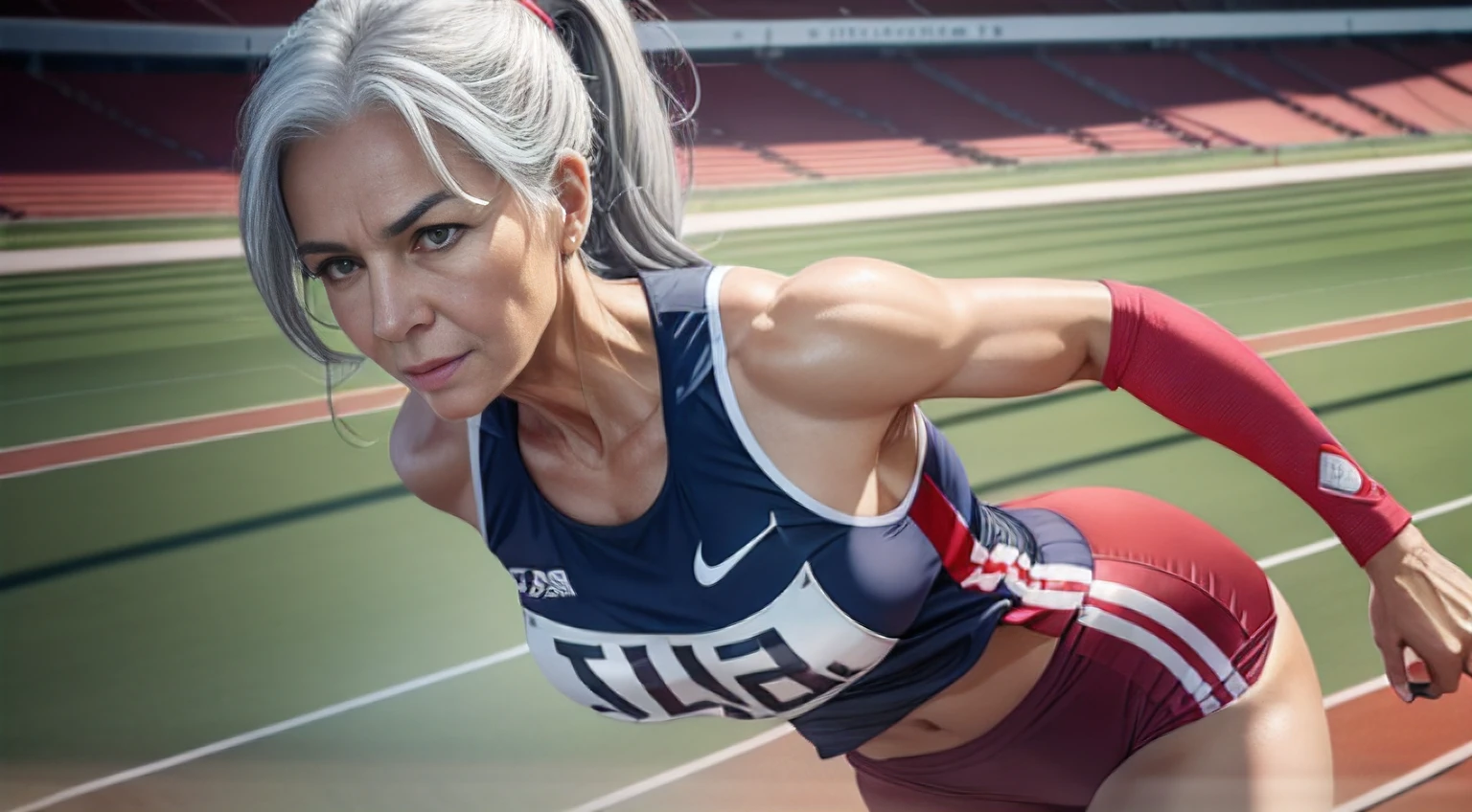65-year-old woman with gray hair, seductive gaze, a lot of wrinkles on her face, 8k, ultra realistic, realistic, realism, extra realistic, ultra detailed, detailed background, wrinkles on body, showing full body, detailed body, detailed face, detailed eyes, detailed background, Top image quality, hight resolution、small tits、Sleeveless uniforms on land、track and field old athlete、high-ponytail Hairstyle、no bra, A slight smile))、red lipsticks、Walk along of the athletics stadium、On both hands and hips、Navel is visible、((Thigh Raising Training))、((Running on the track))、(((see the whole body)))