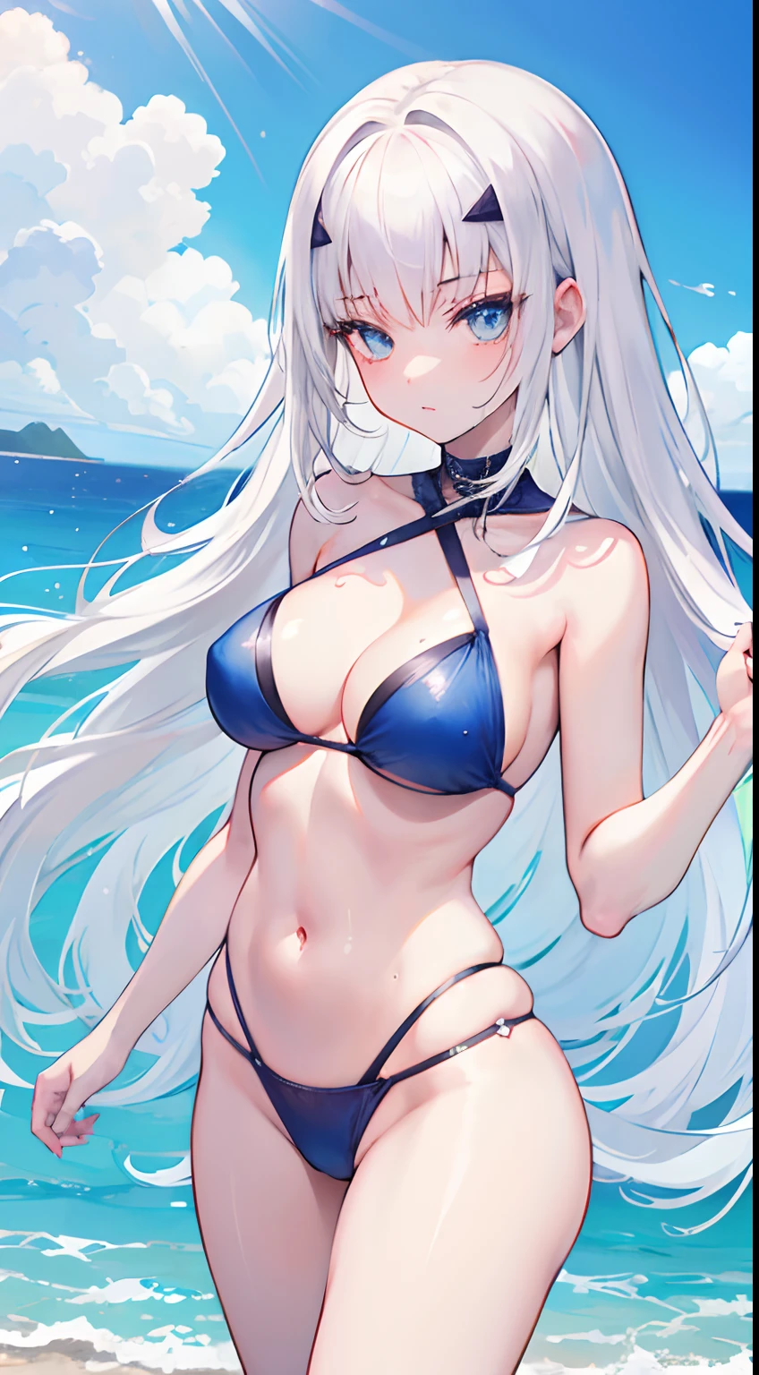 Masterpiece, top quality,1 girl, anime girl Wearing a wet bikini, White hair , Beach as background , super detail, 4k wallpaper ,