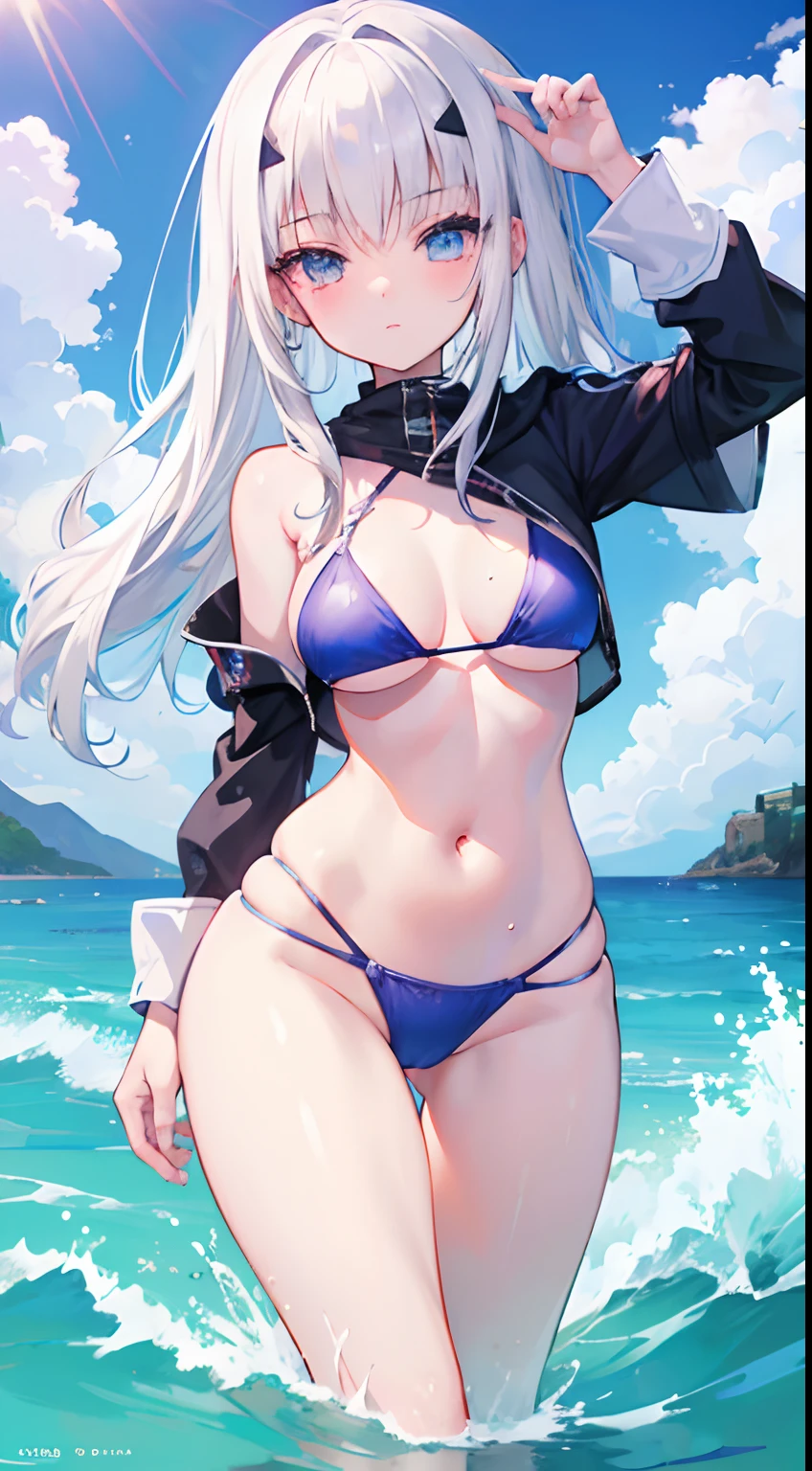 Masterpiece, top quality,1 girl, anime girl Wearing a wet bikini, White hair , Beach as background , super detail, 4k wallpaper ,