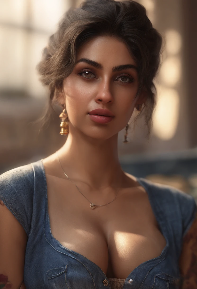(Indian girl), Big Breast, 8k, (realistic, photo-realistic), bust shot, revealing clothes, strapless, thick thighs, shy face, clear face, supermodel, sweetheart neck Dress, front view, sitting on bed, legs spread, thighhighs, lips apart, red lipstick, denim short dress, front view, closeup shot, focus, seductively posing, leaning forward, soft background