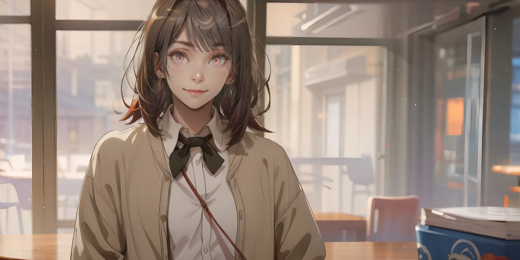 haruno, (black hair, medium hair:1.6), grey eyes,1girl, solo, cardigan, bow, smile, shirt, brown_hair, bowtie, white_shirt, school_uniform, brown_eyes, upper_body, looking_at_viewer, bangs, indoors, closed_mouth, collared_shirt, black_neckwear, blush, long_sleeves, eyebrows_visible_through_hair, glow effects, godrays, Hand drawn, render, 8k, octane render, cinema 4d, blender, dark, atmospheric 4k ultra detailed, cinematic, Sharp focus, big depth of field, Masterpiece, colors, 3d octane render, 4k, concept art, trending on artstation, hyperrealistic, Vivid colors, extremely detailed CG unity 8k wallpaper, trending on CGSociety, Intricate, High Detail, dramatic, glowing eyes,