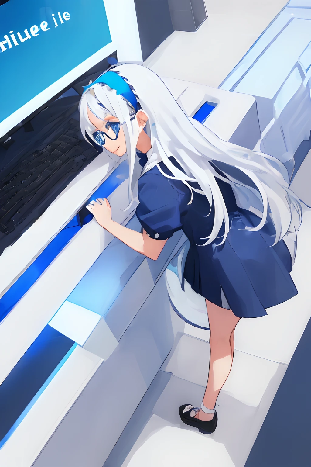 ((((1 girl)))), ((((solo)))), fullbody, ((((white hair)))), long hair, ((((blue hairband)))), ((((blue eyes)))), happy, smile, 18 year old, dynamic angle, suit, round glasses, office, personal computer, business, from behind
