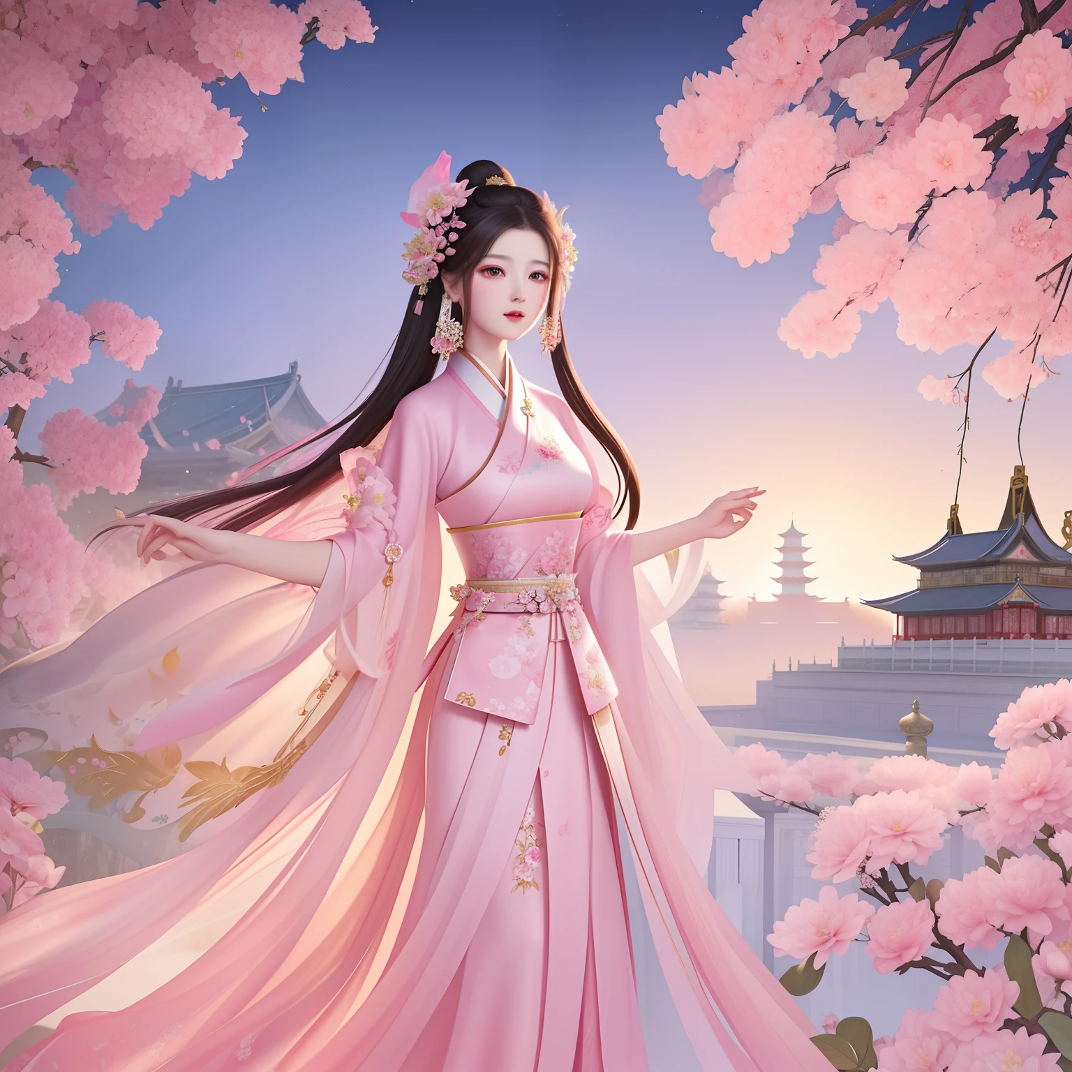 there is a woman in a pink dress holding a flower, beautiful digital artwork, a beautiful artwork illustration, palace , a girl in hanfu, beautiful character painting, beautiful digital illustration, beautiful digital art, beautiful digital painting, very beautiful digital art, exquisite digital illustration, chinese girl, beautiful fantasy art, a beautiful fantasy empress, by Leng Mei, beautiful gorgeous digital art