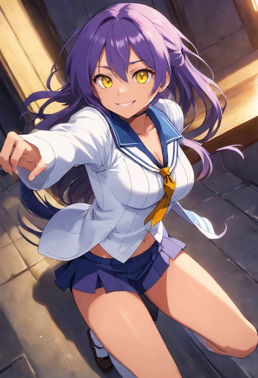 (masterpiece, best quality:1.2), solo girl, solo, 1girl, Shihouin Yoruichi, clean and sharp and well-defined yellow eyes, from below shot, full body shot, smile, looking at viewer, ponytail, sailor uniform white with blue lines, white vest, white miniskirt, tight white panties with blue stripes, panties showing under skirt, blue tie, pussy line folds, bra and panties in the same color, tie with same blue as underwear, UHD, purple hair.